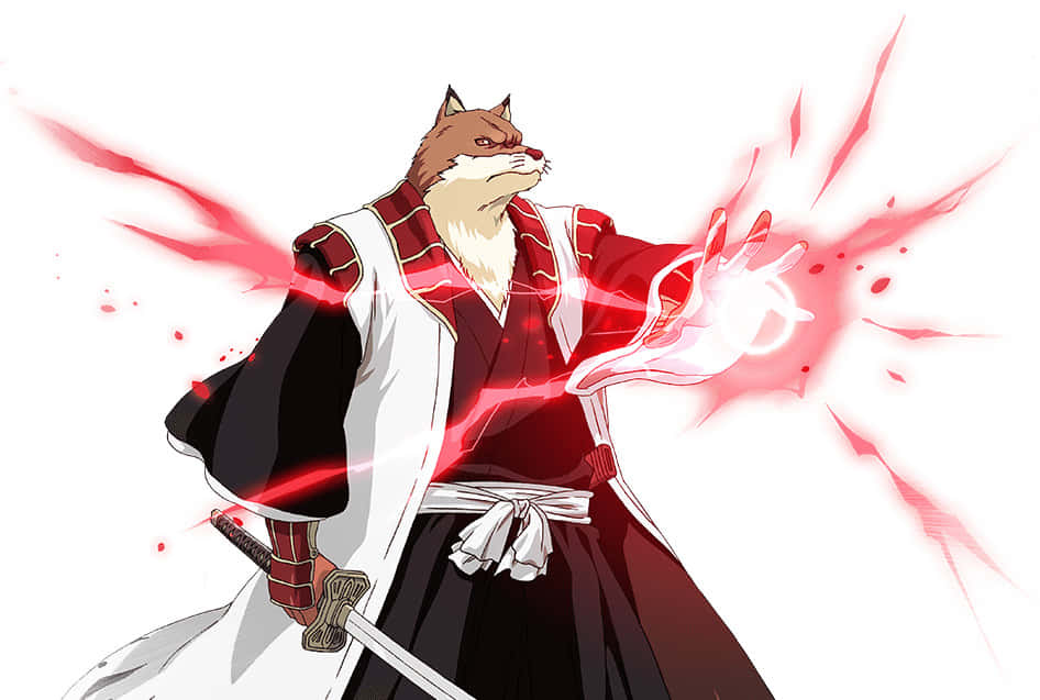 Sajin Komamura 桌布 壁紙 — 一位穿著傳統長袍的狐頭動漫戰士，在純白背景下從手中釋放出發光的紅色能量。