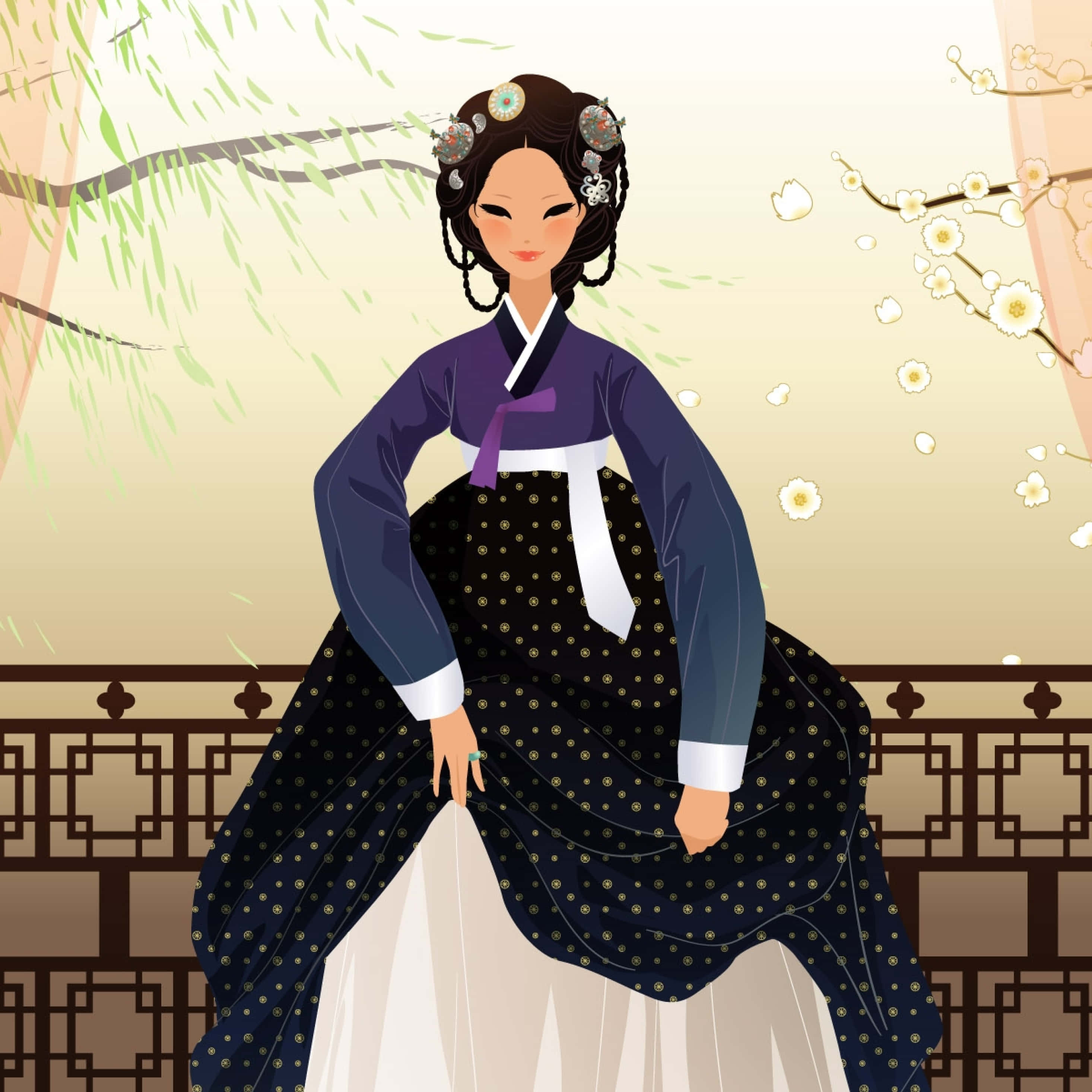 動漫 桌布 壁紙 — 一位穿著傳統韓國韓服的優雅女士站在木欄杆前，柳枝和櫻花在她周圍飄揚。