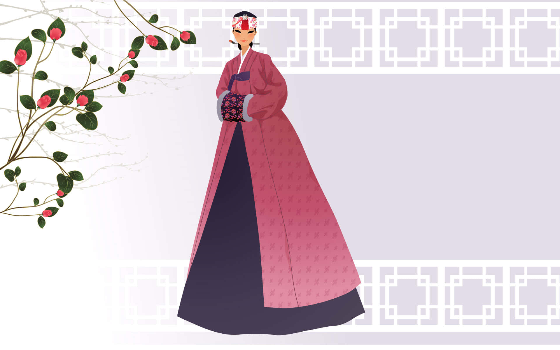 korean 桌布 壁紙 — 一位穿著傳統韓國韓服的女士，優雅地站在有圖案的牆壁旁，旁邊有一根開花的樹枝。