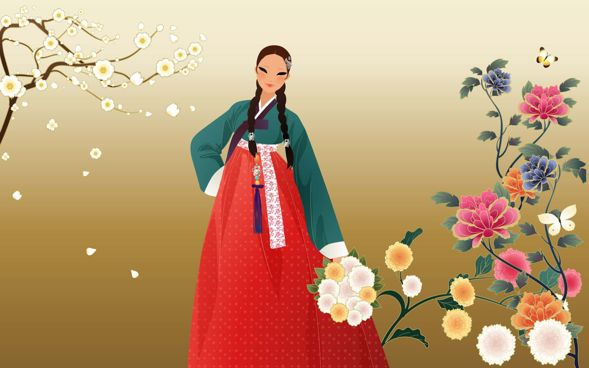 韓國 桌布 壁紙 — 一位穿著傳統韓國韓服的女士，在溫暖的金色天空下，優雅地站在盛開的花朵和花枝之間。