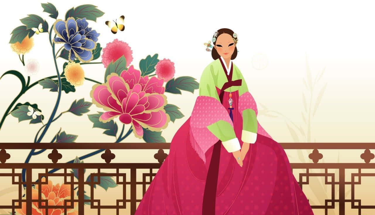 韓國 桌布 壁紙 — 一位穿著傳統韓國韓服的女士優雅地站在鮮豔的粉紅色和藍色花朵旁邊，附近有一隻蝴蝶翩翩飛舞。