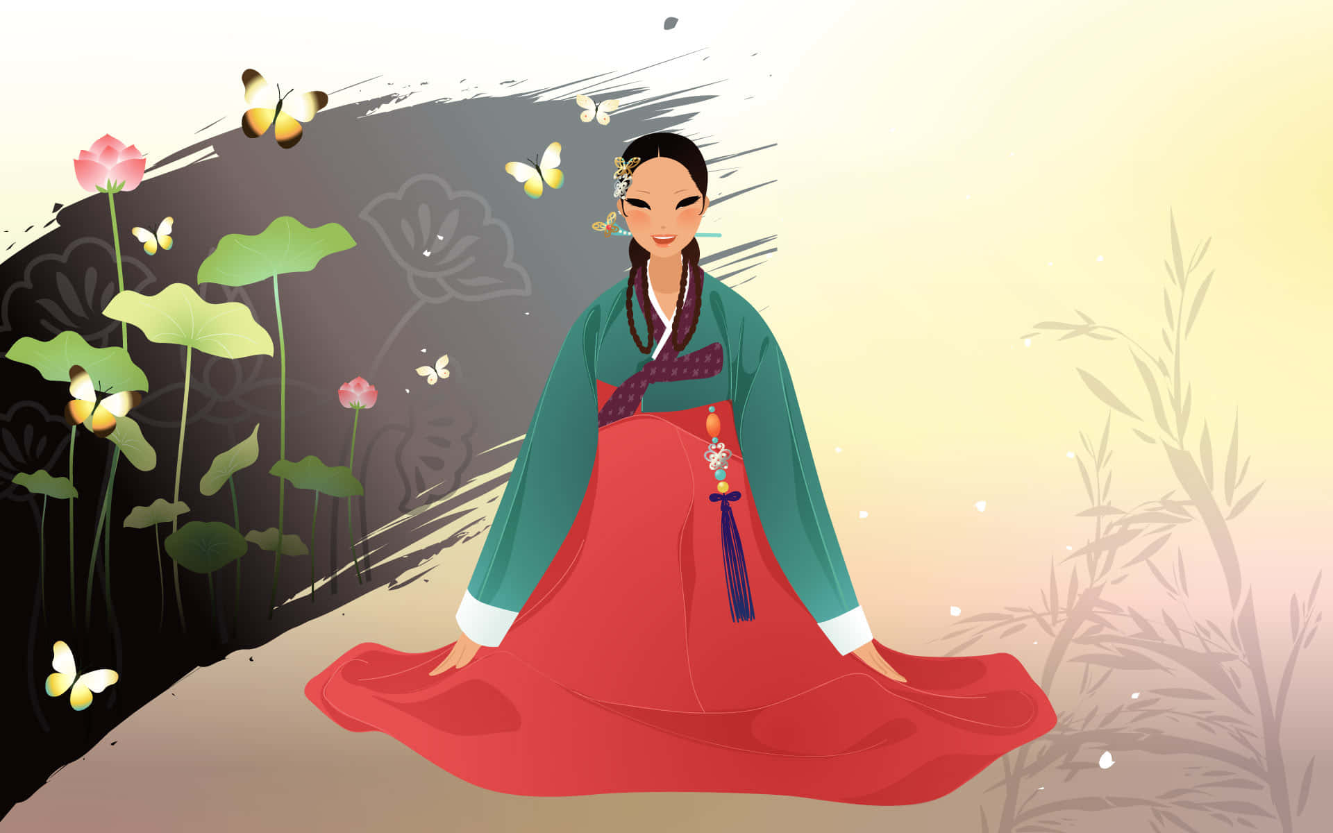 korean 桌布 壁紙 — 一位穿著傳統韓國韓服的寧靜女士優雅地坐在蓮花植物旁，蝴蝶在她周圍飛舞。