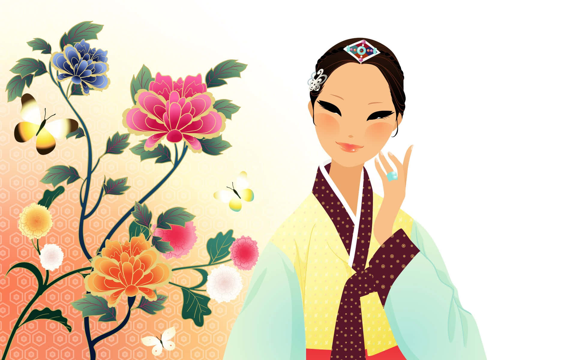 korean 桌布 壁紙 — 一位穿著傳統韓國韓服的寧靜女士在盛開的鮮花和翩翩起舞的蝴蝶旁邊微笑。