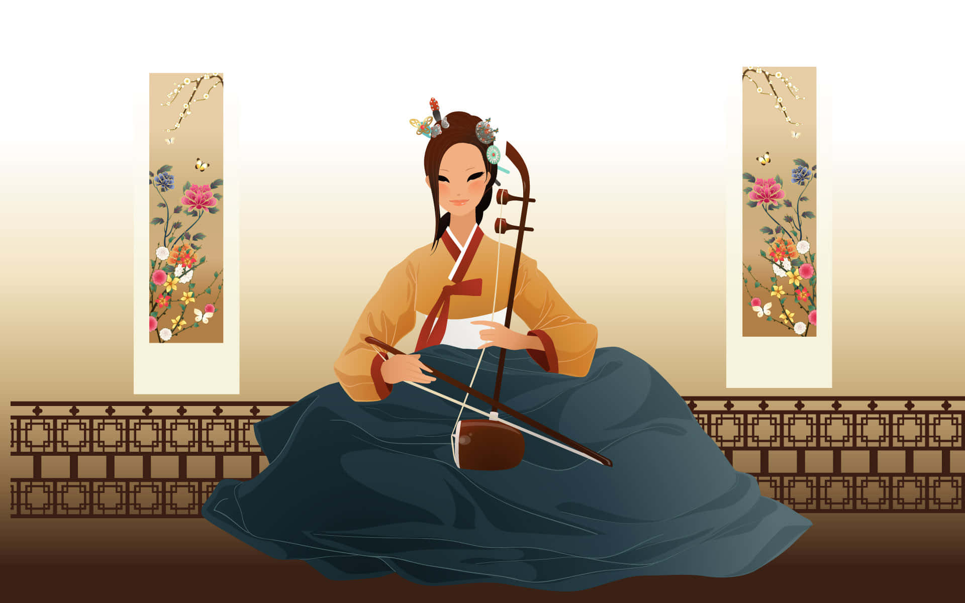 korean 桌布 壁紙 — 一位穿著傳統韓國韓服的寧靜女子，坐在有軟墊的地板上，周圍有花卉牆飾，正在演奏傳統弦樂器。
