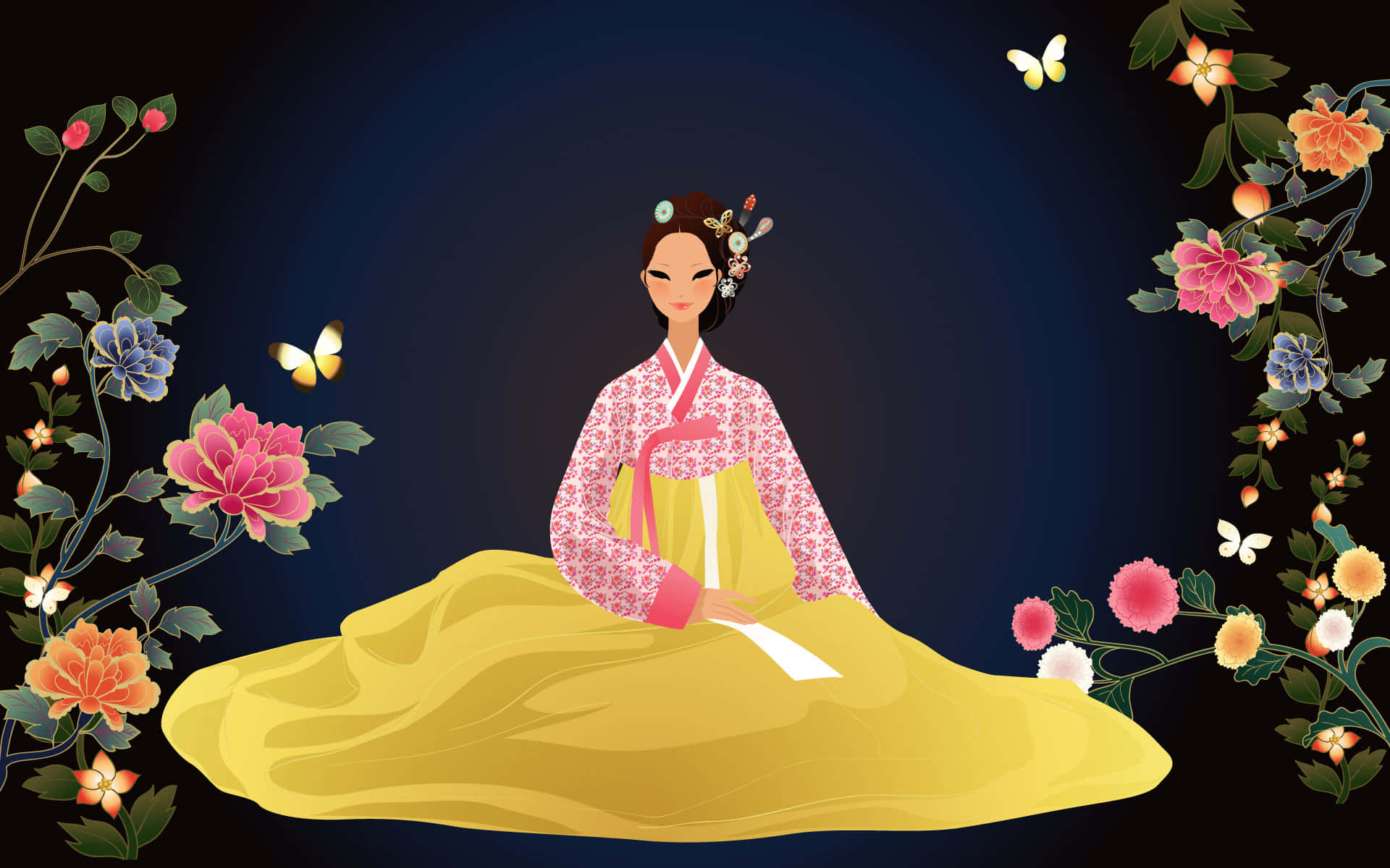 korean 桌布 壁紙 — 一位穿著傳統韓國韓服的寧靜女子，優雅地坐在花卉邊框中，蝴蝶在她周圍翩翩起舞。