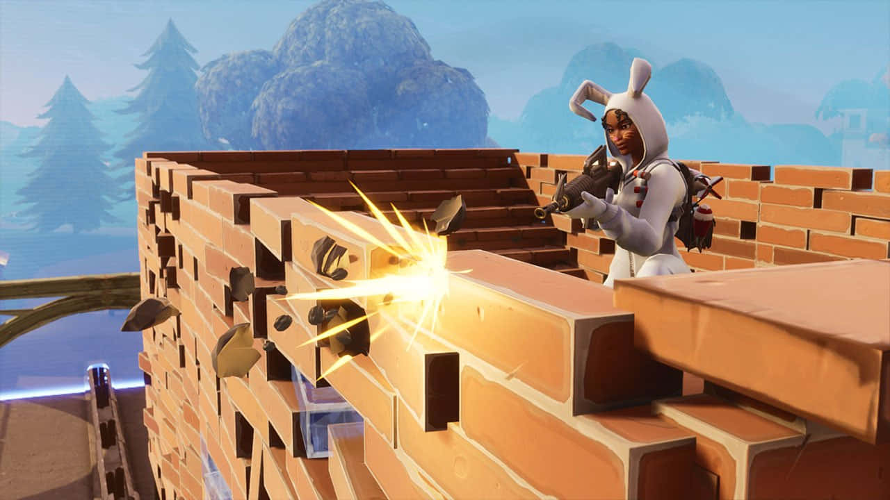 Fortnite Battle Royale 桌布 壁紙 — 一位穿著兔子服裝的《要塞英雄》玩家向磚牆開火，造成明亮的火花和飛散的碎片。