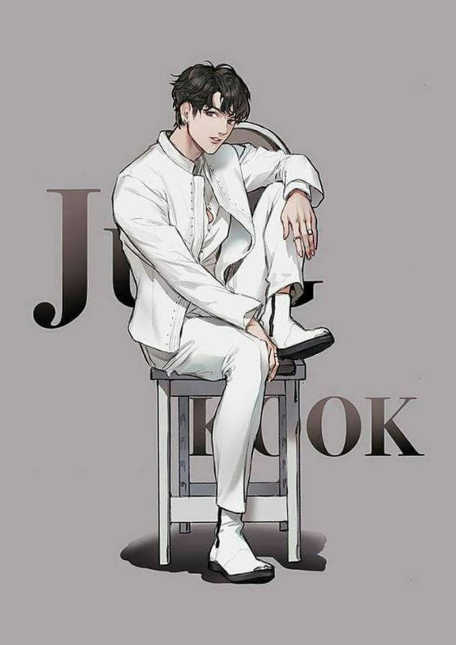 bts photoshoot 桌布 壁紙 — 一位穿著全白衣服的時尚年輕男子自信地坐在凳子上，背景是柔和的灰色，上面有大型文字。
