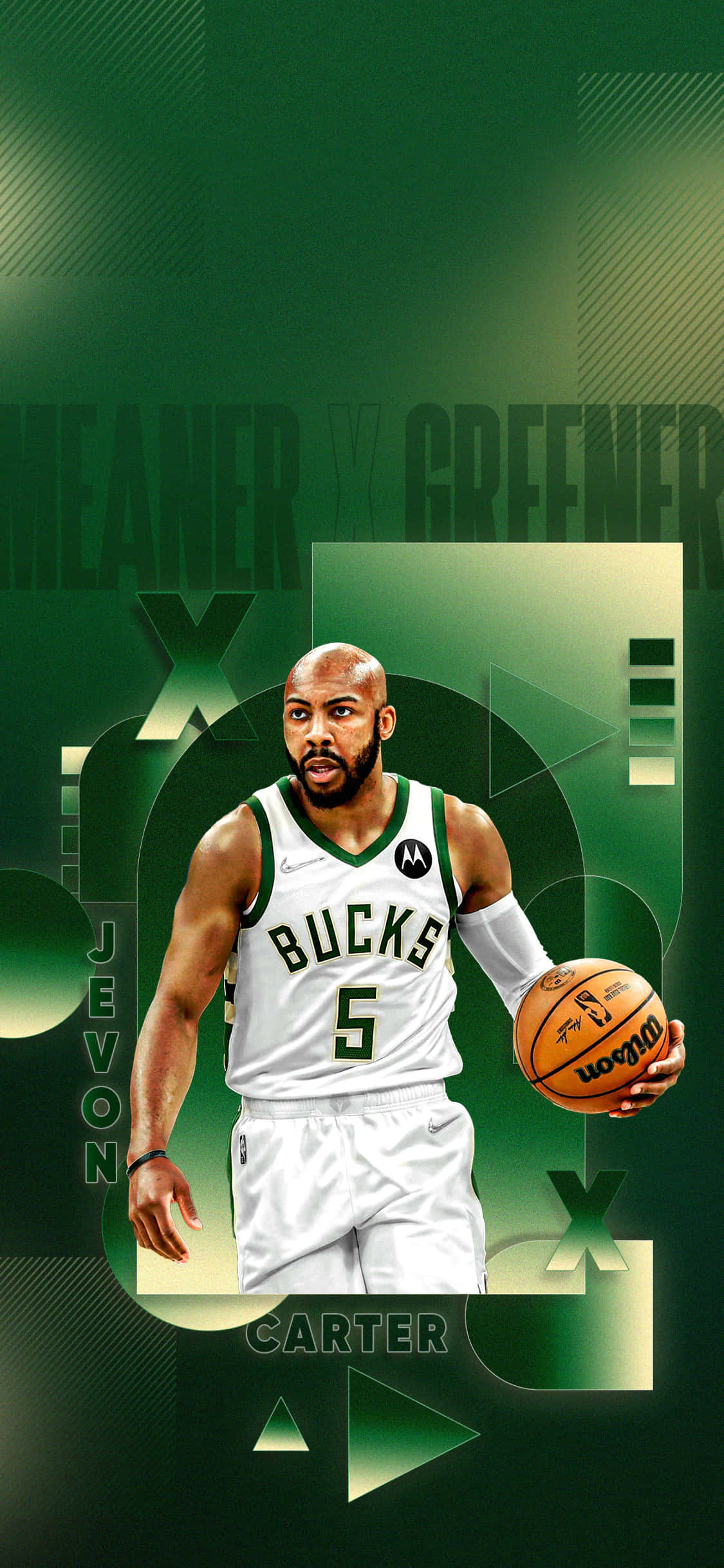 Bucks 桌布 壁紙 — 一位穿著公鹿隊球衣的籃球運動員，在帶有幾何形狀和他名字的綠色抽象背景前拿著球。