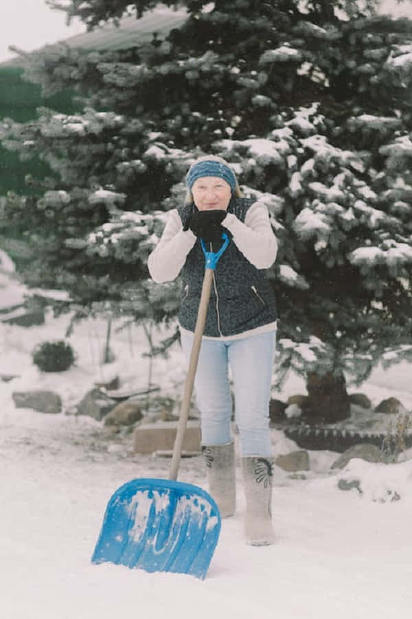 Snowshoes 桌布 壁紙 — 一位穿著冬季裝備的女性在雪地森林中微笑著拿著藍色雪鏟。