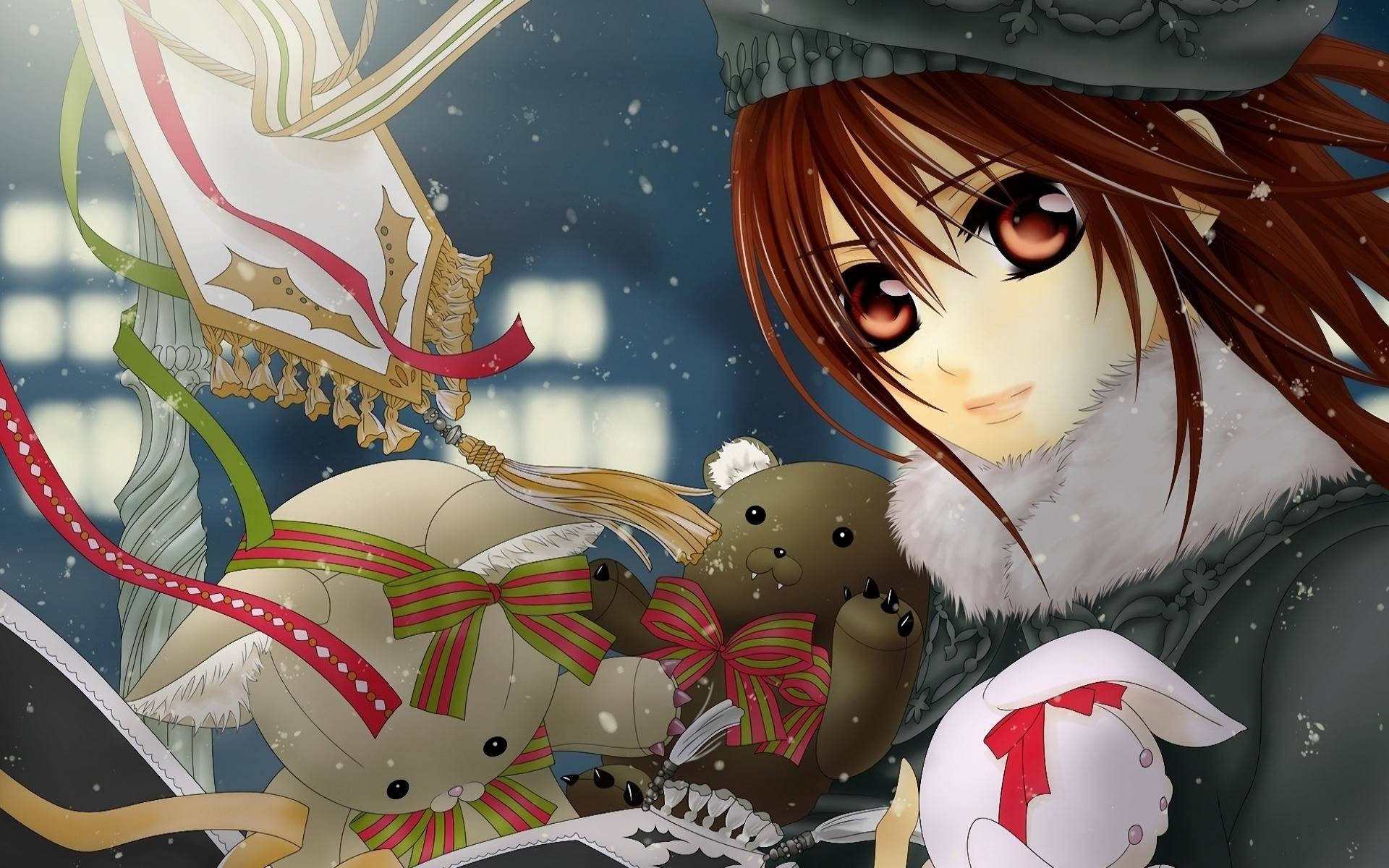 Vampire Knight 桌布 壁紙 — 一位穿著冬季裝備的年輕動漫女孩，在飄雪中溫柔地凝視著節日絨毛動物旁邊。