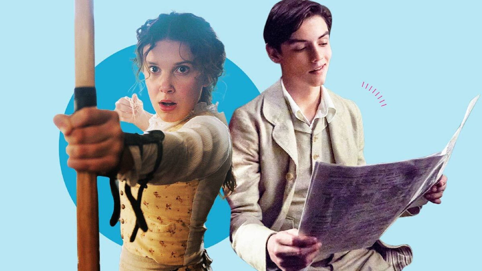 Enola Holmes 桌布 壁紙 — 一位穿著古裝的年輕女子以強烈的決心緊握著一根杖，而她旁邊的男子則帶著平靜的微笑閱讀報紙。