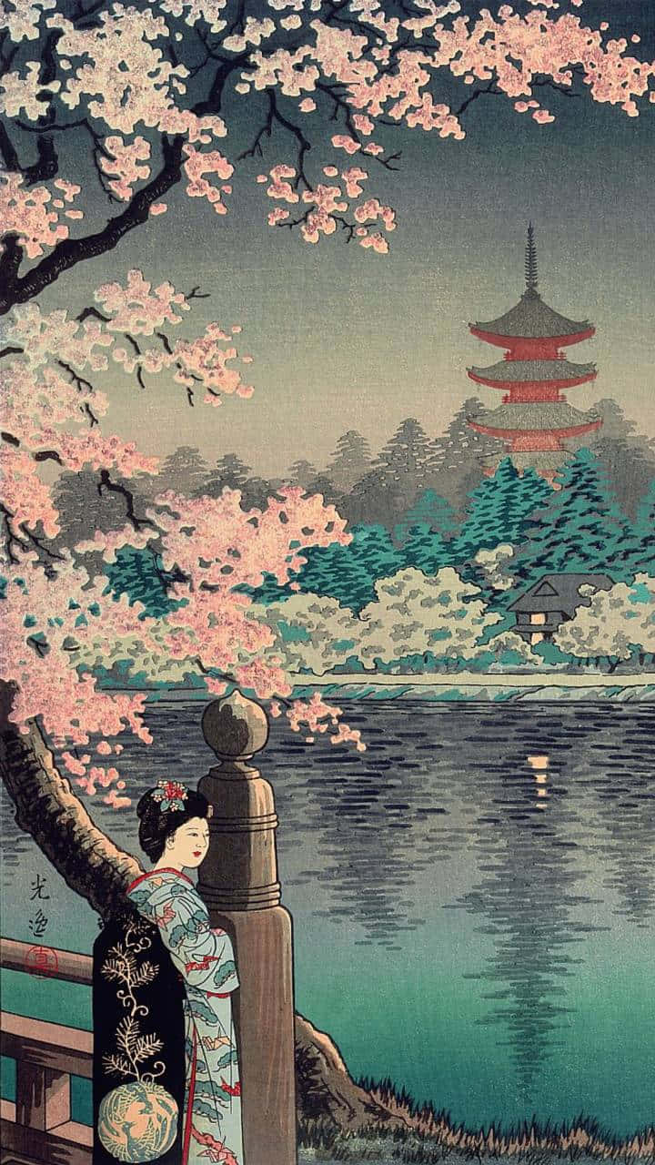 美學藝術 桌布 壁紙 — 一位穿著和服的傳統日本女性，從盛開櫻花下的橋上，凝視著平靜水面遠處的寶塔。