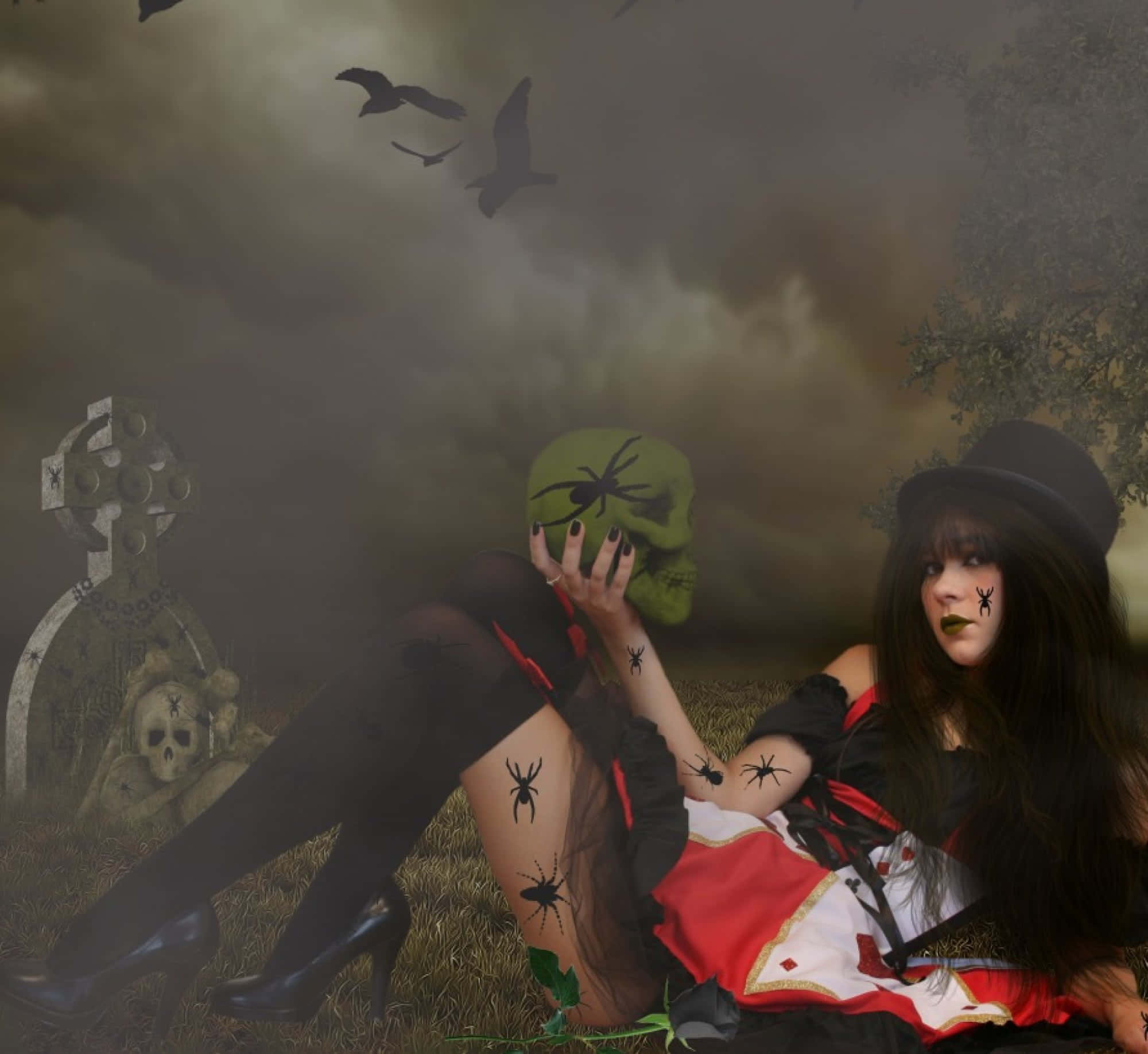 Gothic Costumes 桌布 壁紙 — 一位穿著哥德式服裝的女性，在迷霧籠罩的墓園中，於黑暗暴風雲下手持一個帶有蜘蛛紋身的綠色頭骨。