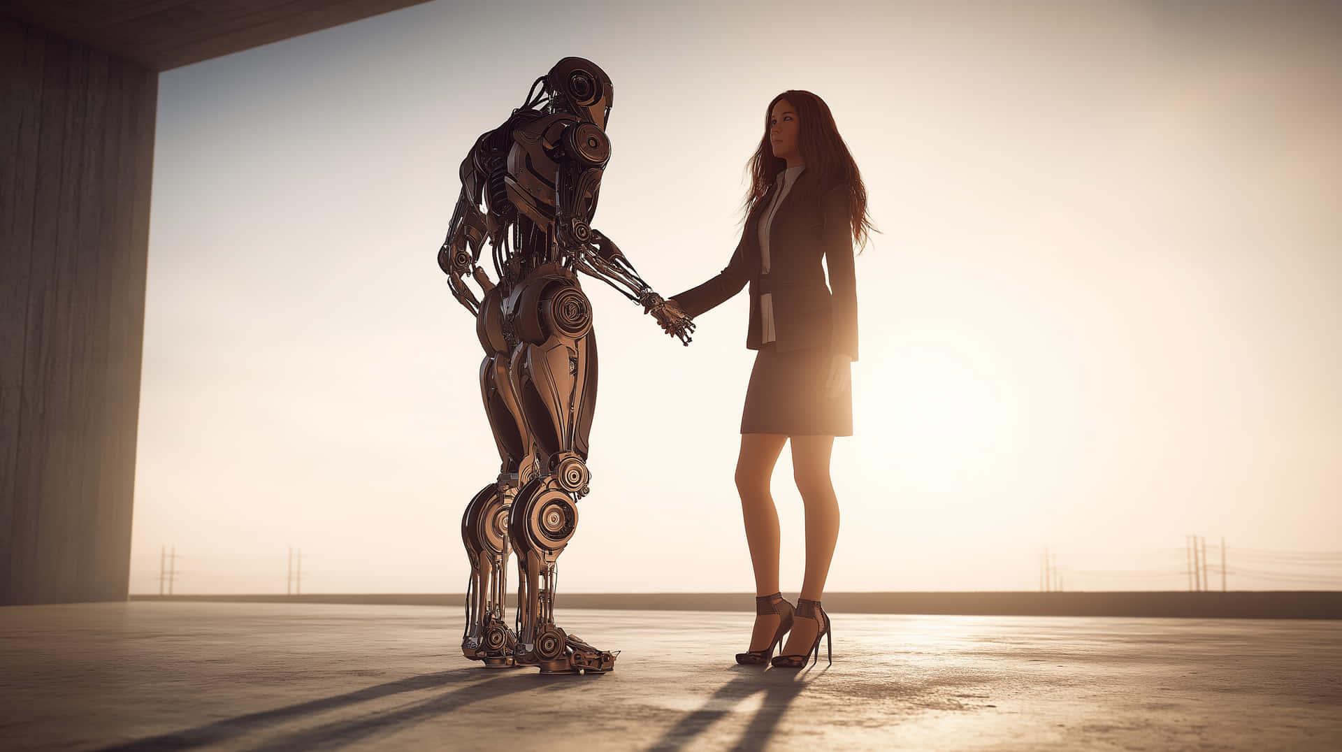 Professional individual and robotic entity engaging formally 壁紙 — 一位穿著商務套裝的女性在溫暖的夕陽光下與一個詳細的人形機器人握手。