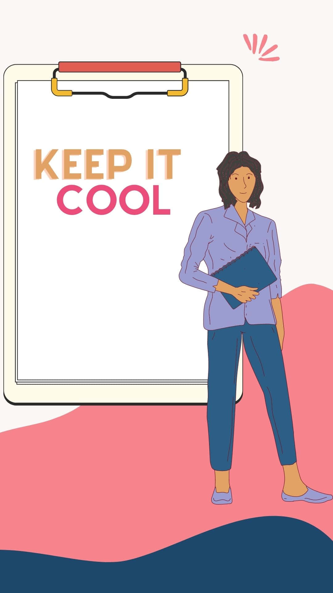 酷 桌布 壁紙 — 一位穿著商務服裝的風格化女性站在一個展示著「KEEP IT COOL」字樣的剪貼板旁，背景是粉彩抽象風格。