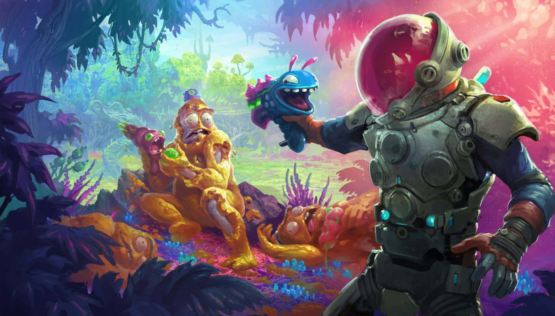 Cartoon Games 桌布 壁紙 — 一位穿著太空衣的探險家，在超現實、色彩繽紛的叢林中，被奇異的外星動物包圍，手持一隻發光的藍色生物。