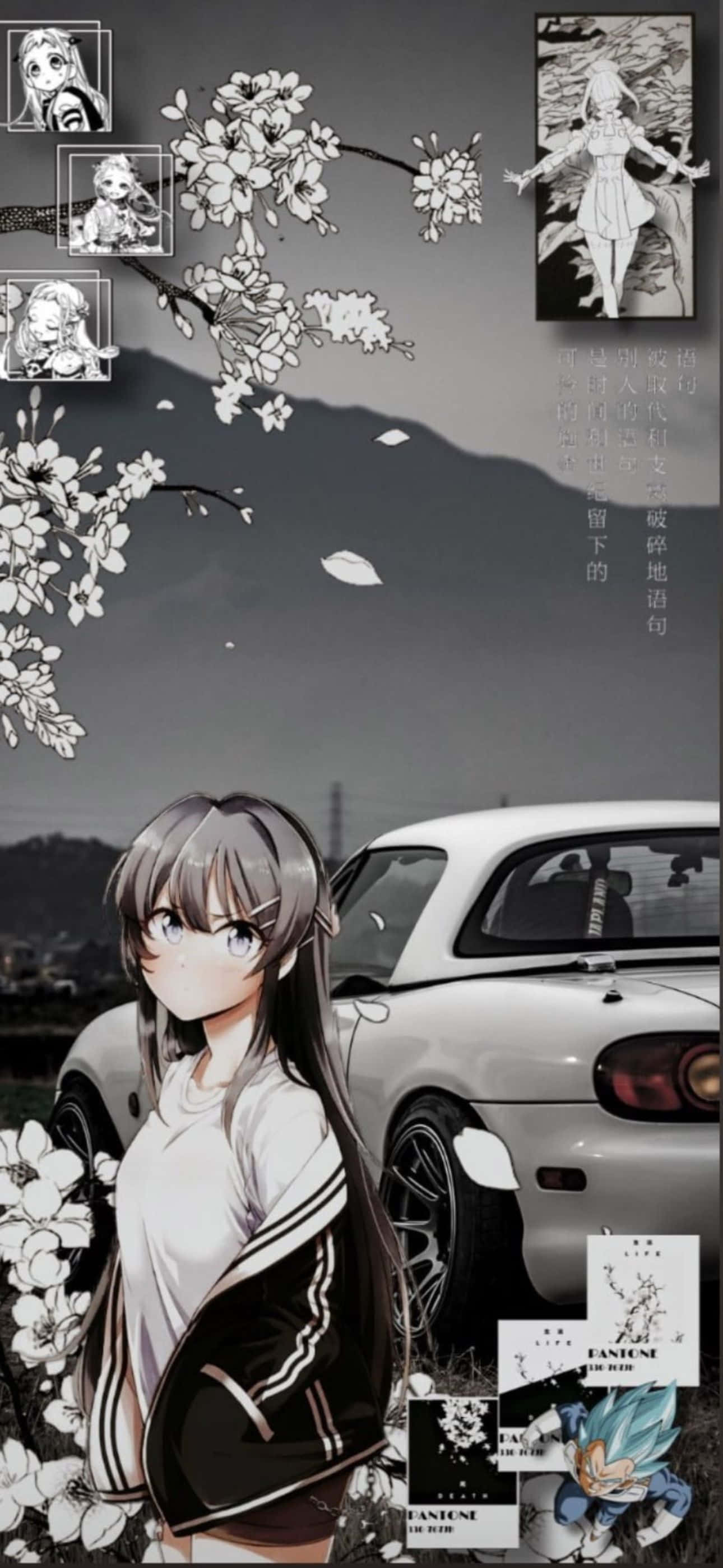 1290x2796 桌布 壁紙 — 一位穿著學校外套的年輕動漫女孩站在白色跑車旁，櫻花飄落，周圍漂浮著漫畫面板。