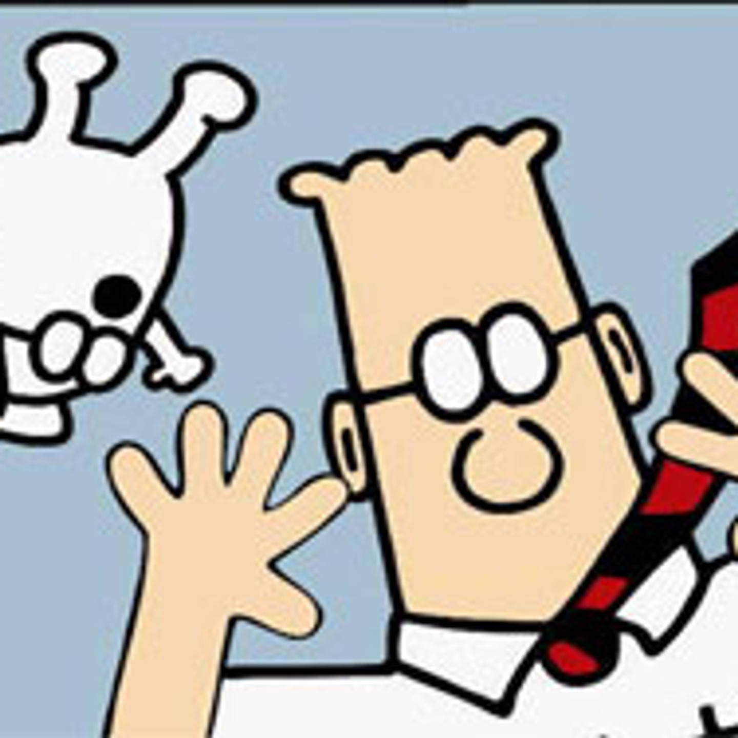 Comics 桌布 壁紙 — 一位穿著實驗室外套的卡通科學家愉快地揮手，同時手持一個紅黑裝置，附近漂浮著一個白色外星生物。