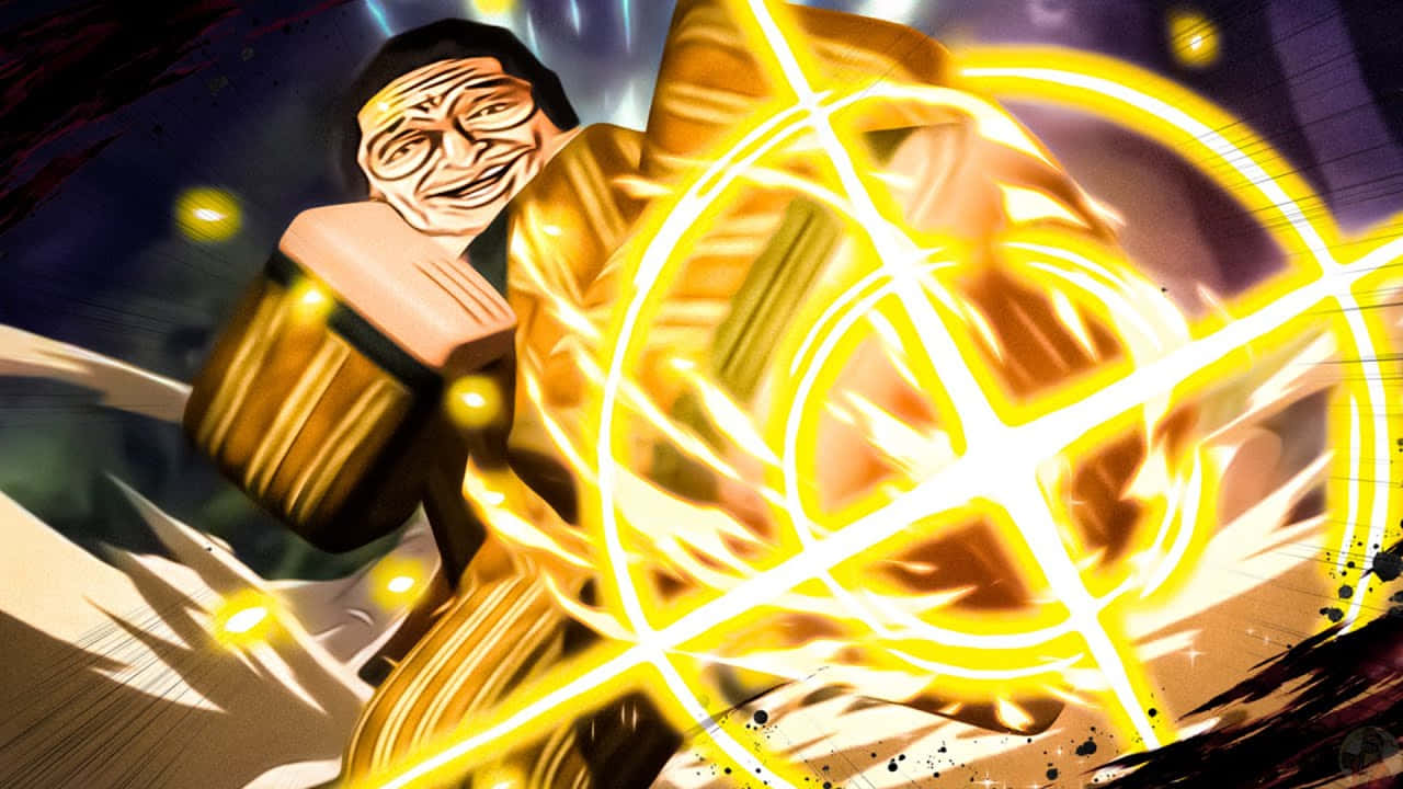 Kizaru 桌布 壁紙 — 一位穿著實驗室外套的卡通科學家揮舞著發光的金色錘子，周圍環繞著輻射能量環。
