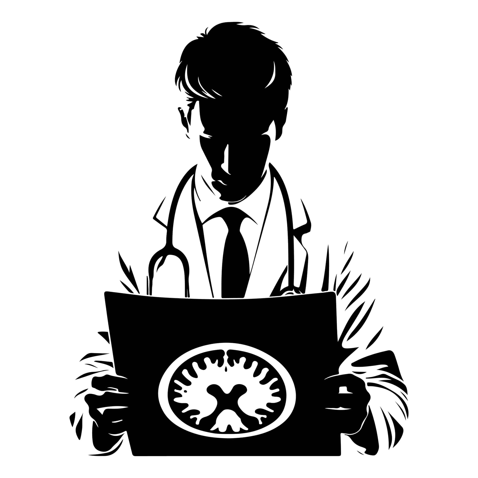 Doctor in silhouette intently examining a detailed medical scan featuring a brain structure for diag 壁紙 — 一位穿著實驗室外套的醫生，戴著聽診器，手持腦部掃描圖像的黑色剪影。