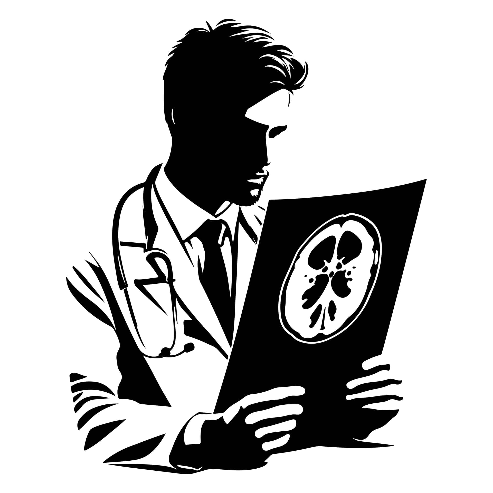Doctor focused on examining a brain scan for diagnosis, medical analysis, and healthcare review. 壁紙 — 一位穿著實驗室外套的醫生手持腦部MRI掃描的黑白剪影。