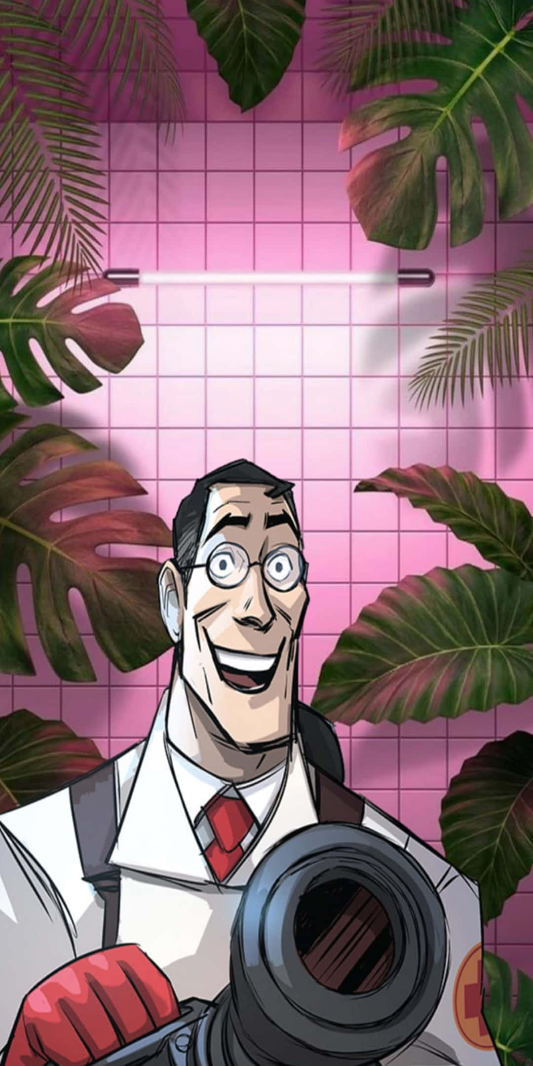 Tf2 桌布 壁紙 — 一位穿著實驗室外套的開心卡通科學家，在粉紅色格子牆前拿著相機，周圍環繞著茂盛的熱帶葉子。
