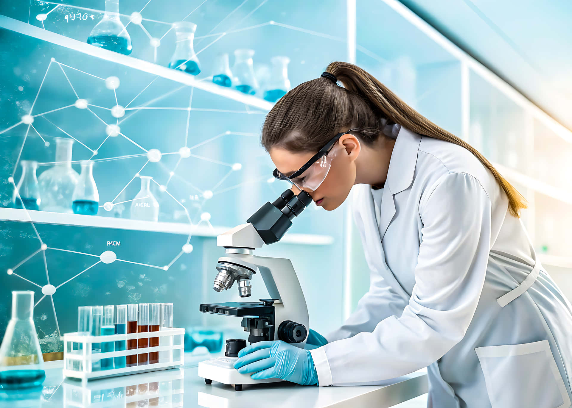Scientist uses microscope 壁紙 — 一位穿著實驗袍和護目鏡的科學家，在燒杯和試管環繞下，專注地透過顯微鏡觀察。