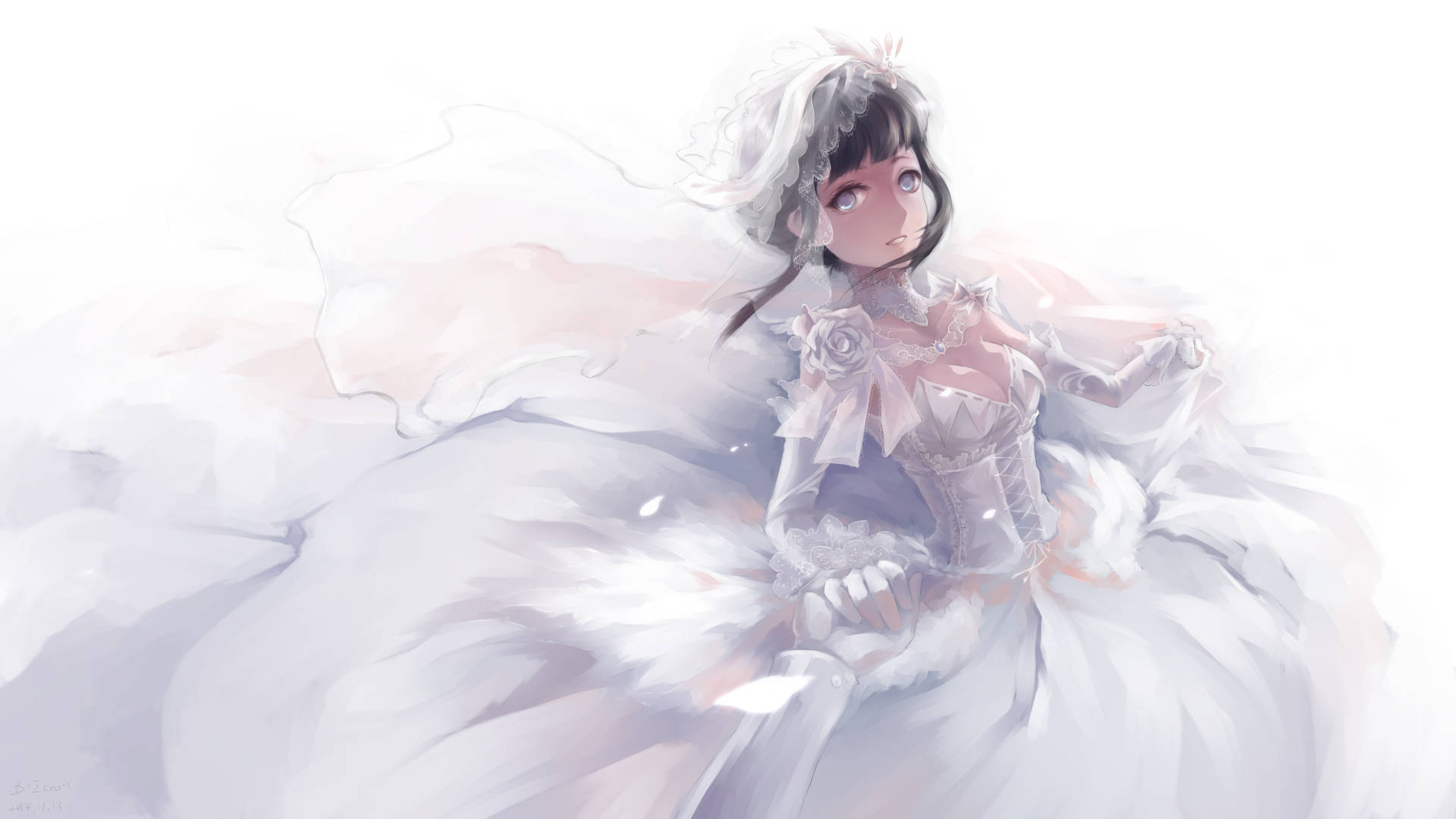 Hinata Hyuga 桌布 壁紙 — 一位穿著帶有蕾絲和毛邊裝飾的寬鬆白色長袍的精緻動漫女孩，漂浮在柔和的粉彩雲朵中。