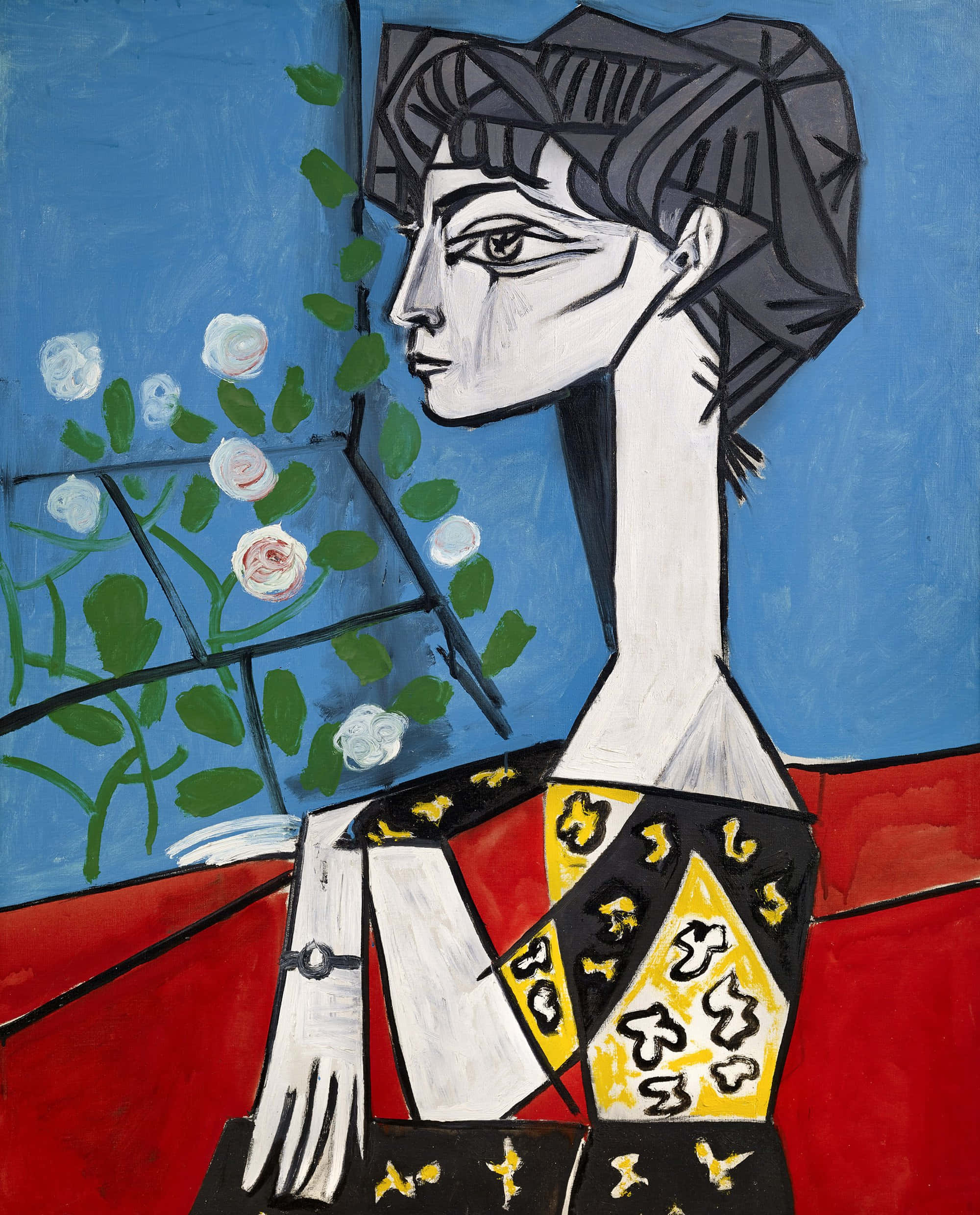 Picasso 桌布 壁紙 — 一位穿著幾何圖案連衣裙的風格化女性坐在窗邊，窗邊有玫瑰，背景為大膽的藍色和紅色。