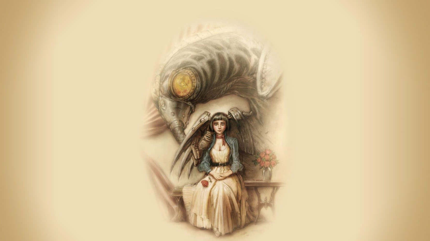 Best Bioshock Infinite 桌布 壁紙 — 一位穿著復古裙子的女士平靜地坐在一隻大型機械鳥旁邊，鳥兒有發光的眼睛和羽毛翅膀。