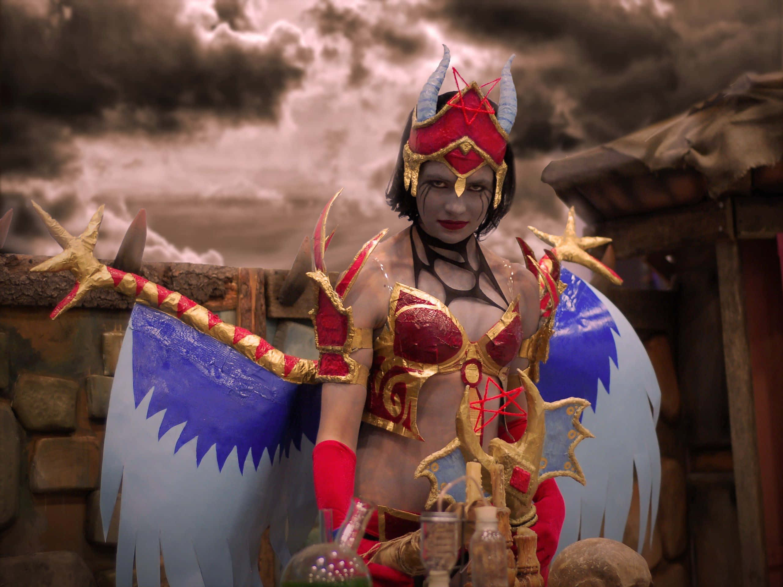 Queen Of Pain 桌布 壁紙 — 一位穿著惡魔服裝、有紅色角和藍色翅膀的角色扮演者，站在風暴天空下的石牆前。