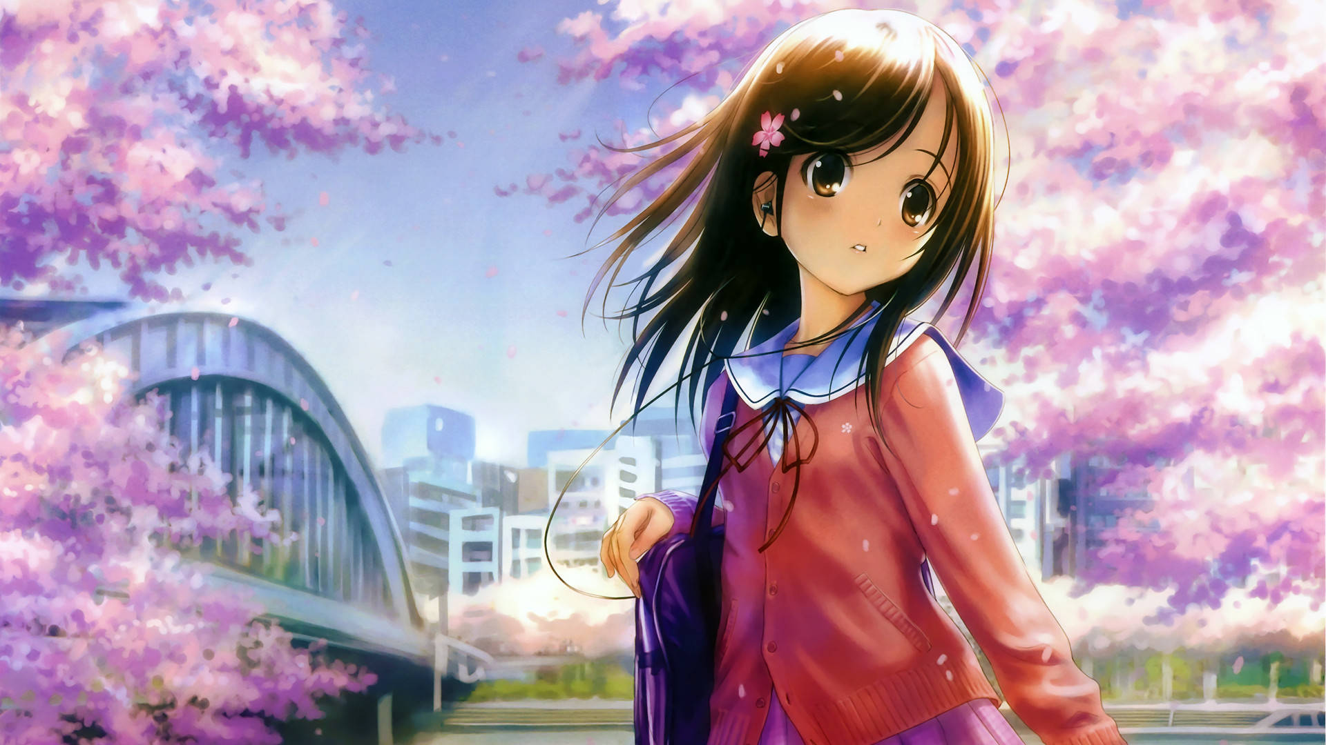 Anime Desktop 桌布 壁紙 — 一位穿著校服的年輕動漫女孩站在盛開的櫻花下，背景是現代橋樑和城市天際線。