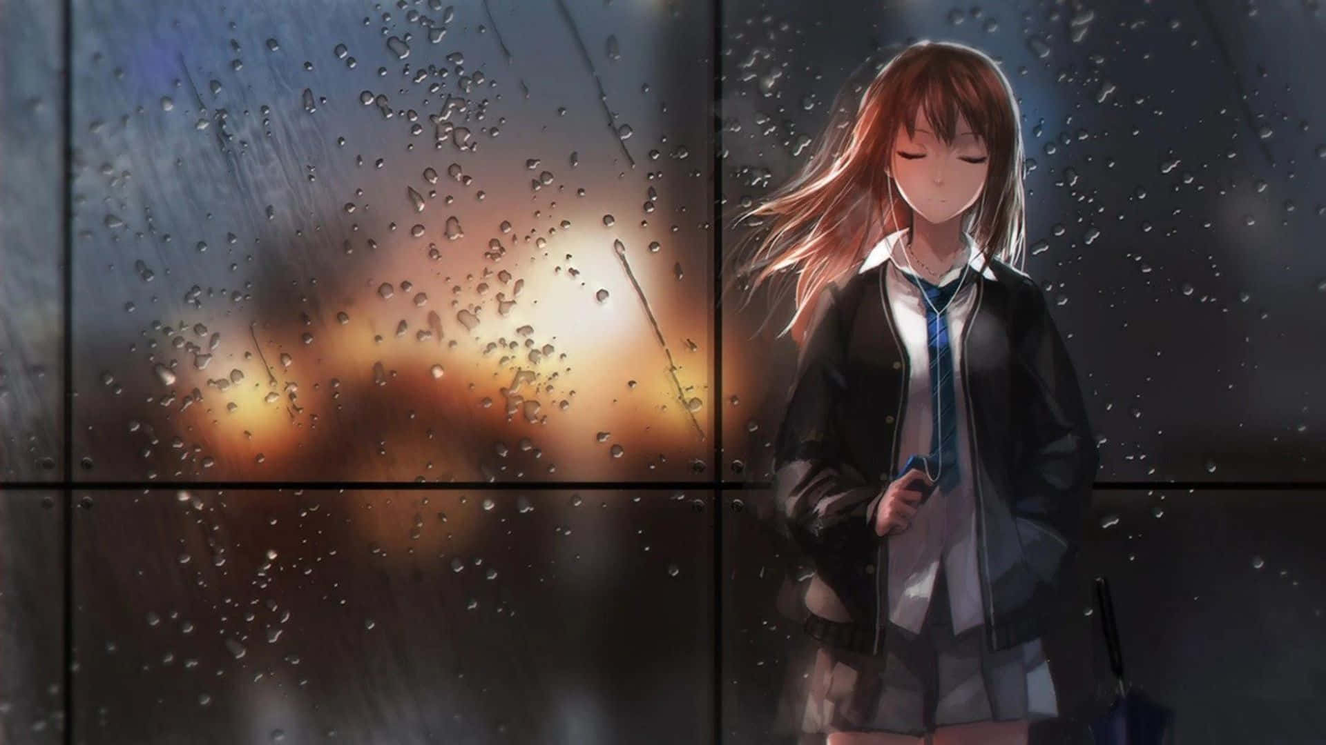 動漫 桌布 壁紙 — 一位穿著校服的年輕動漫女孩站在被雨水打濕的窗邊，溫暖的夕陽光線在她身後閃耀。