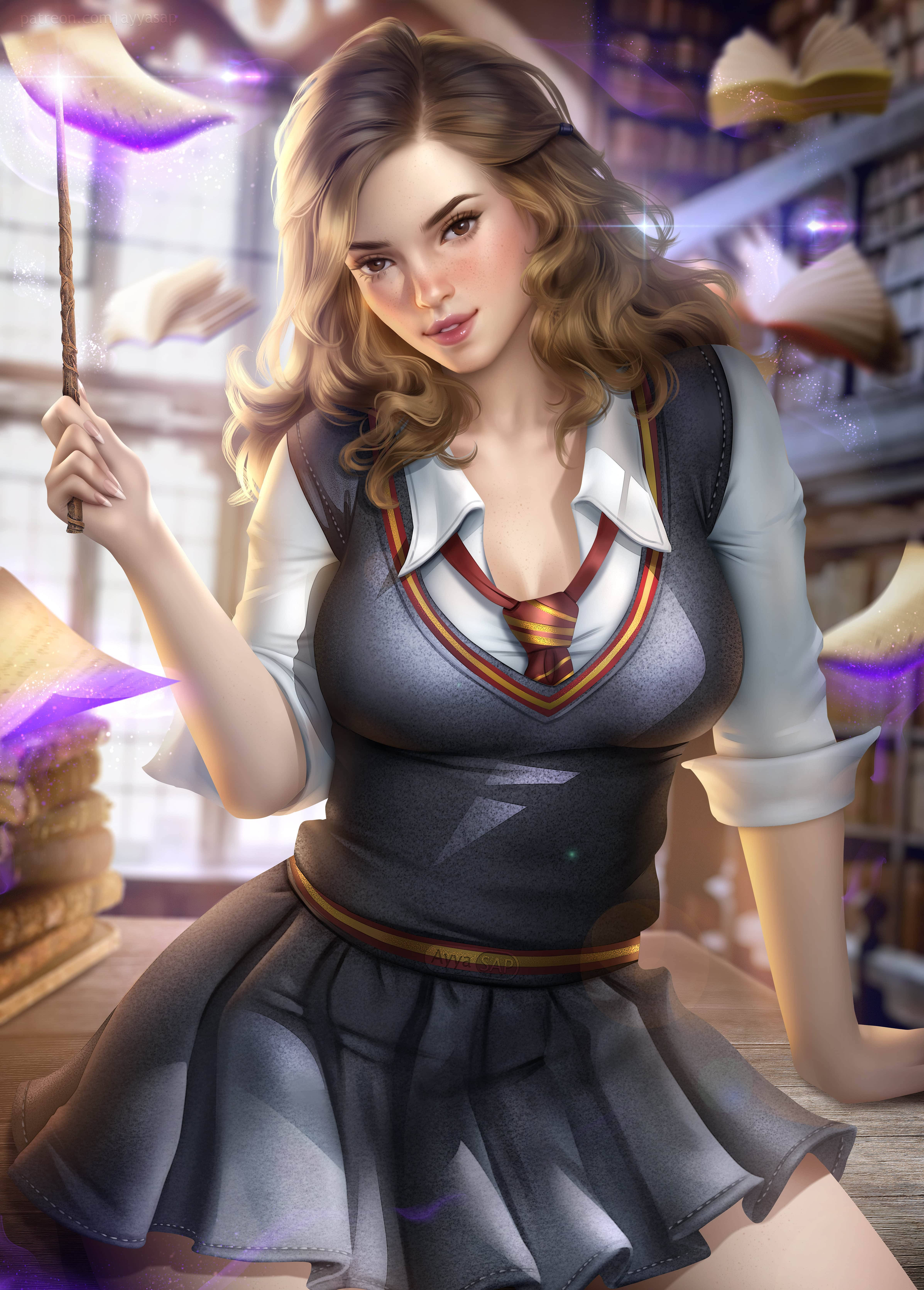 Hermione 桌布 壁紙 — 一位穿著校服的年輕女巫手持發光的魔杖，魔法書本在她周圍漂浮在魔法圖書館中。