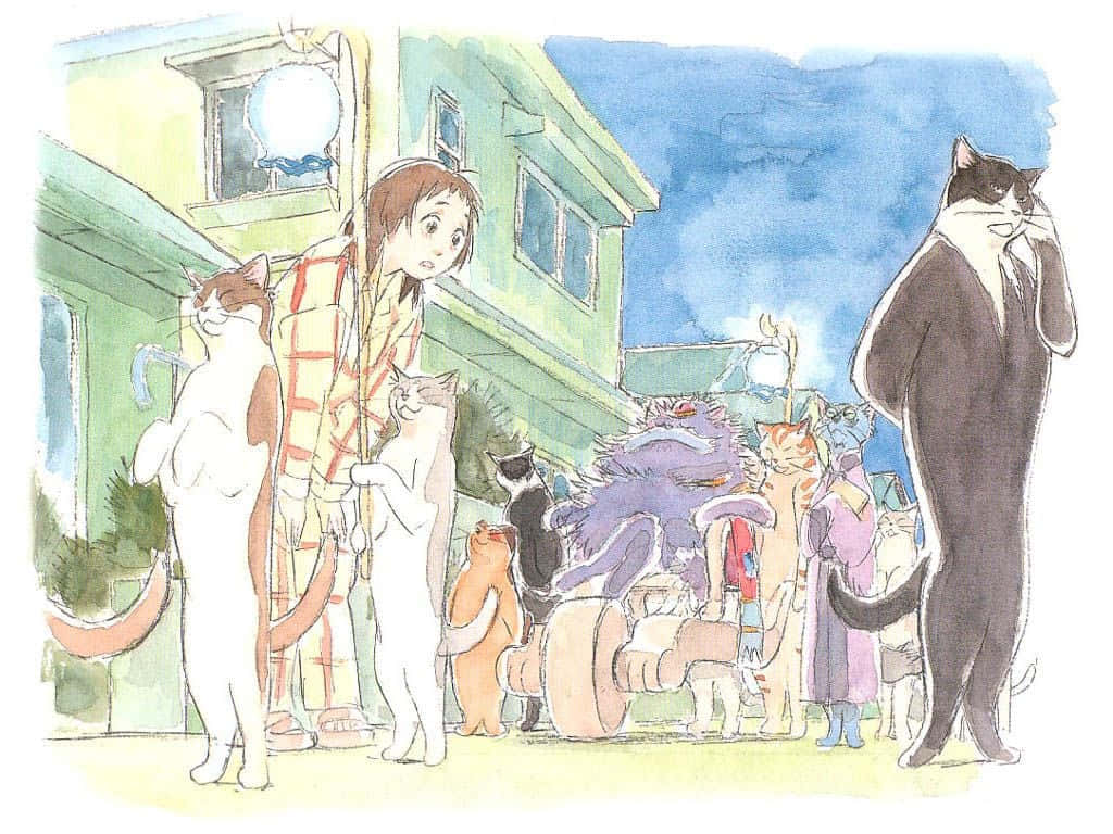 the cat returns 桌布 壁紙 — 一位穿著條紋浴衣的年輕女孩，在藍天下充滿活力的水彩街景中，站在擬人化的貓咪之間。