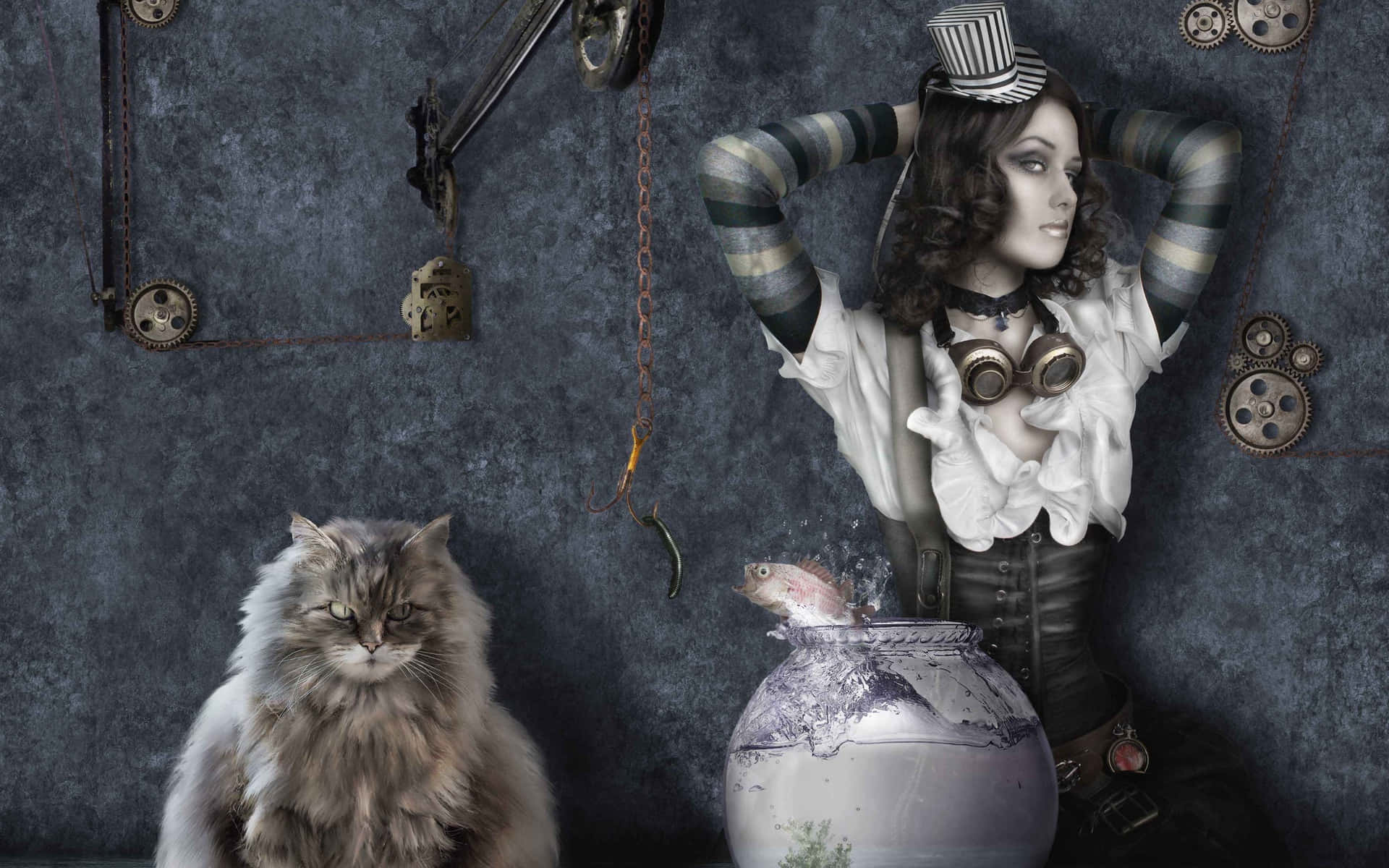Dark Steampunk 桌布 壁紙 — 一位穿著條紋袖子和護目鏡的蒸氣龐克女性，靠著一個有貓的魚缸，周圍是齒輪和鏈條，背景是深色紋理牆壁。