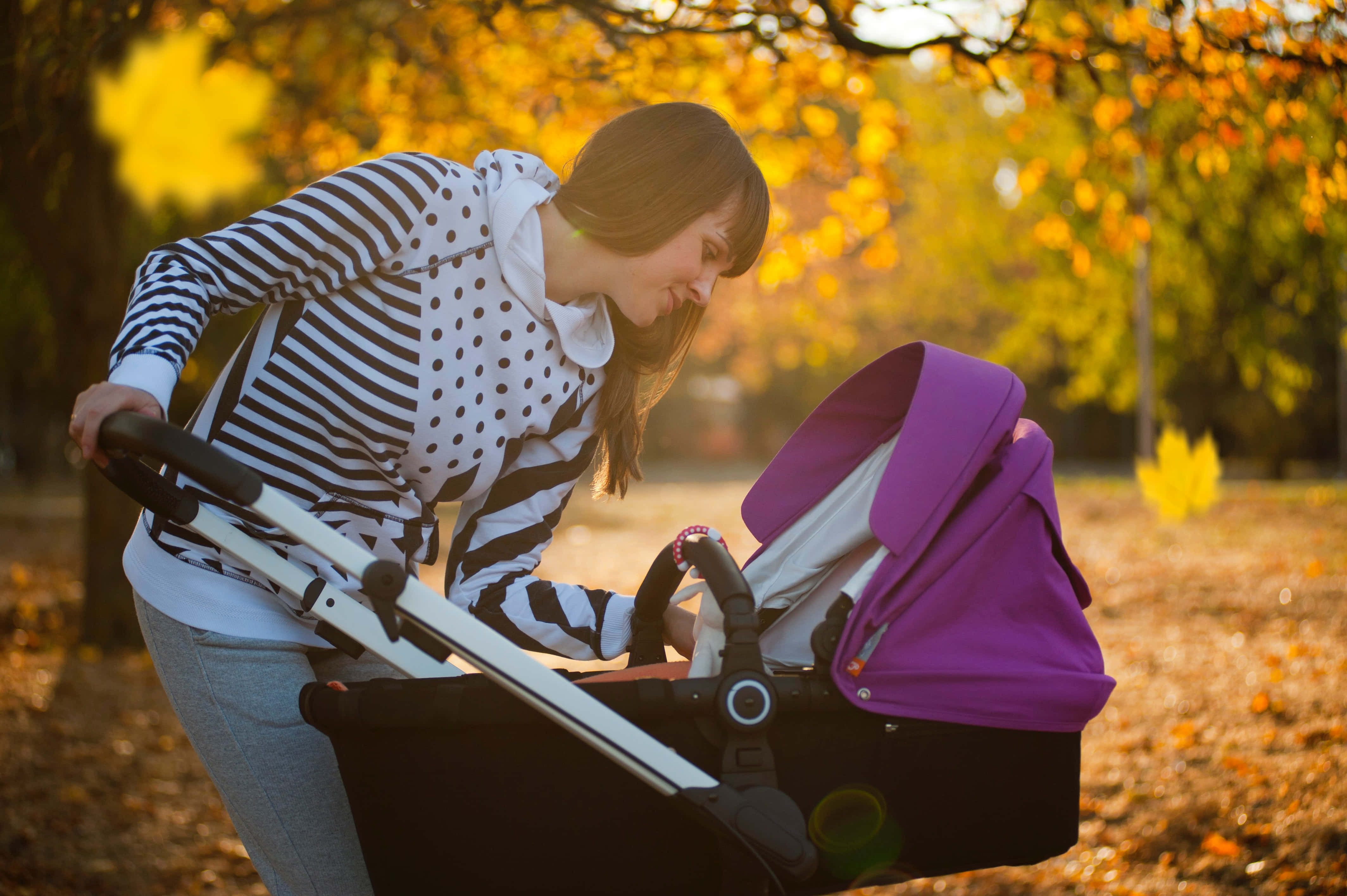 Mom 桌布 壁紙 — 一位穿著條紋連帽衫的女性在陽光明媚、金葉飄落的秋日公園裡，俯身靠在一輛紫色嬰兒車上。
