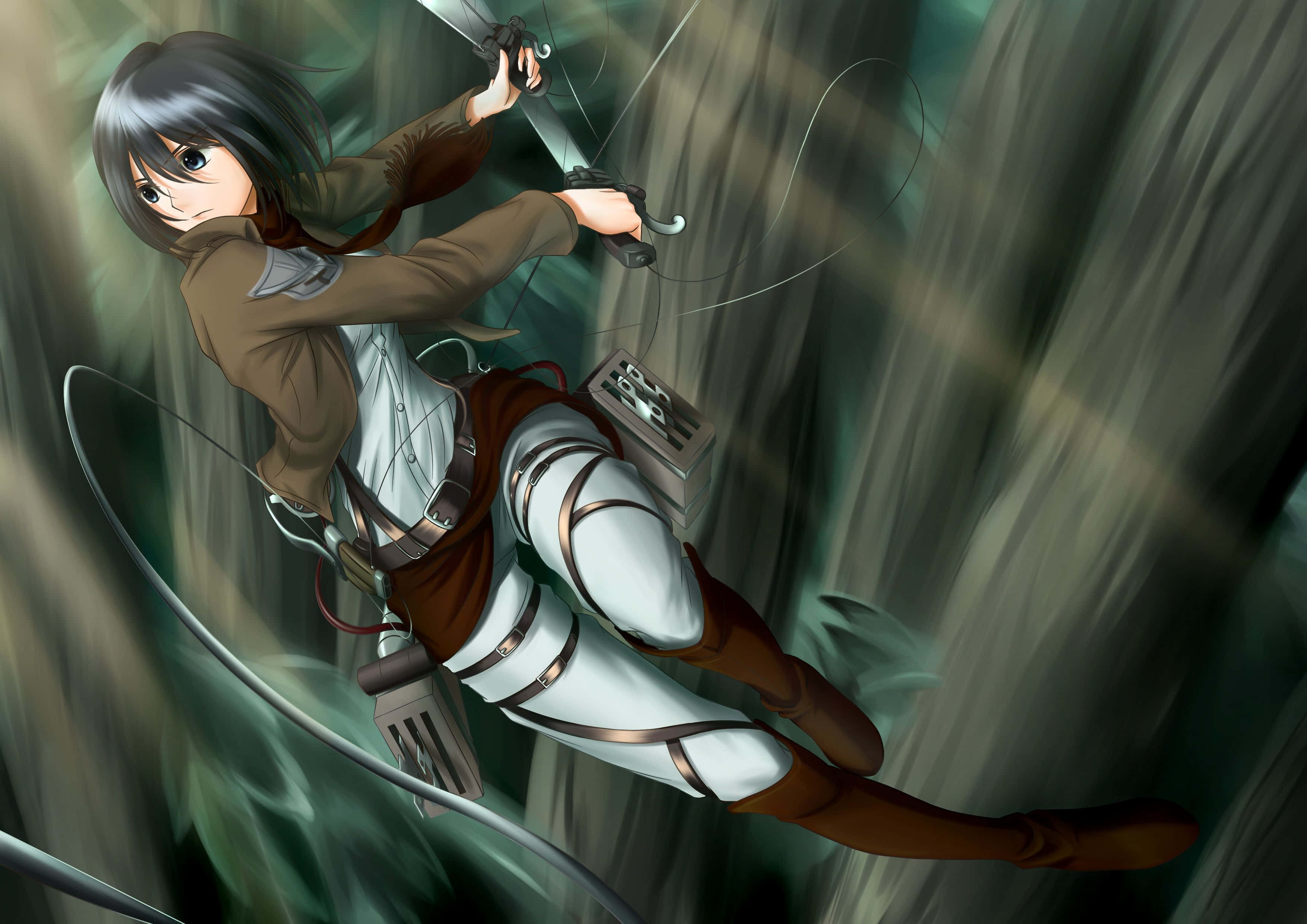 Mikasa Ackerman 桌布 壁紙 — 一位穿著棕色和白色西裝的動漫女孩，用劍和抓鉤在森林中盪來盪去。