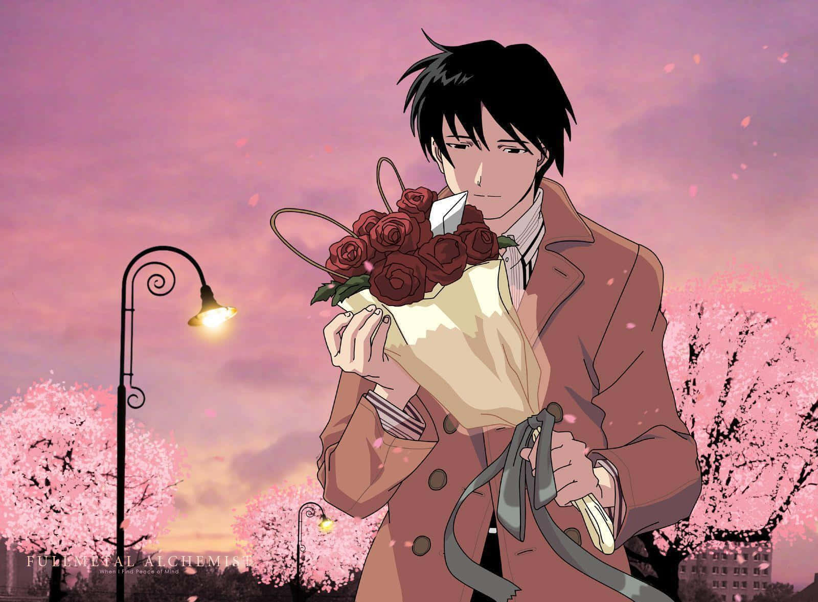Roy Mustang 桌布 壁紙 — 一位穿著棕色外套的年輕動漫男子，在發光的街燈下，於飄落的櫻花中手持一束紅玫瑰。