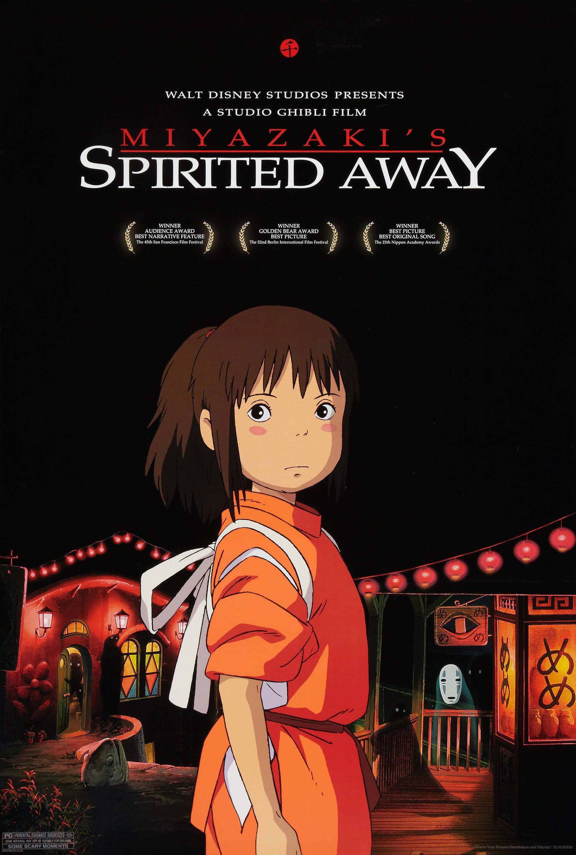 Haku Spirited Away Phone 桌布 壁紙 — 一位穿著橙色和服的年輕女孩站在神秘的日本夜景中，附近有發光的燈籠和一個戴面具的靈魂。