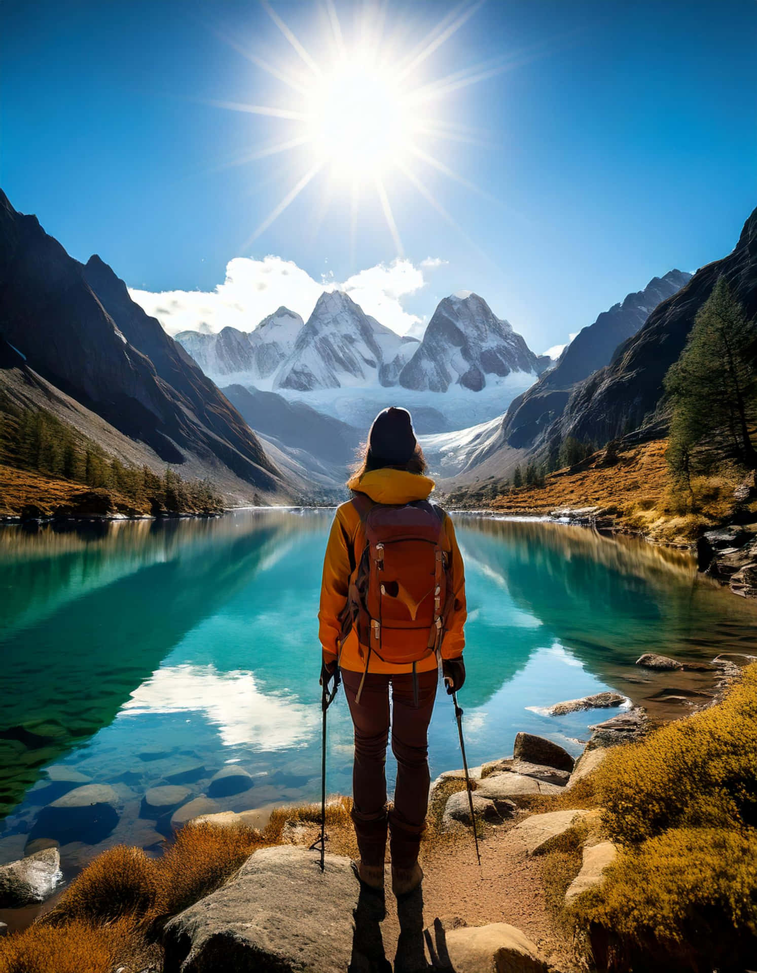 Travel 壁紙 — 一位穿著橙色外套的遠足者站在碧綠的湖邊，凝視著烈日下白雪覆蓋的山峰。