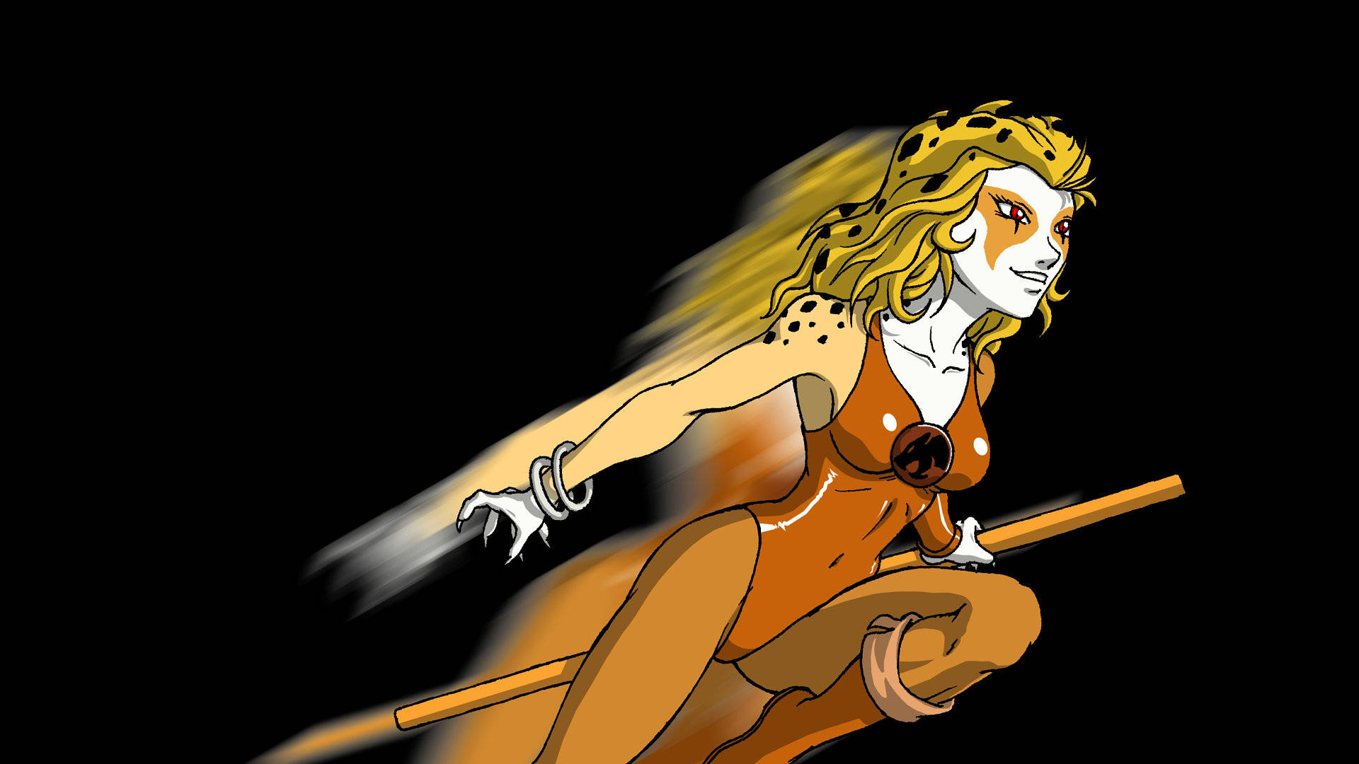 Thundercats 桌布 壁紙 — 一位穿著橙色服裝、以獵豹為主題的動漫女性，在黑色背景上騎著一根棍棒，帶有動態模糊效果。