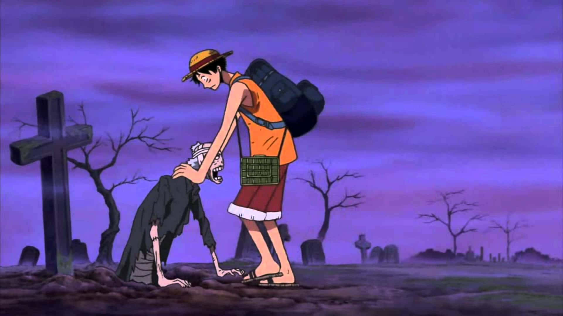 Thriller Bark 桌布 壁紙 — 一位穿著橙色襯衫的年輕動漫海盜在紫色黃昏天空下的墓地中跪在殭屍旁邊。