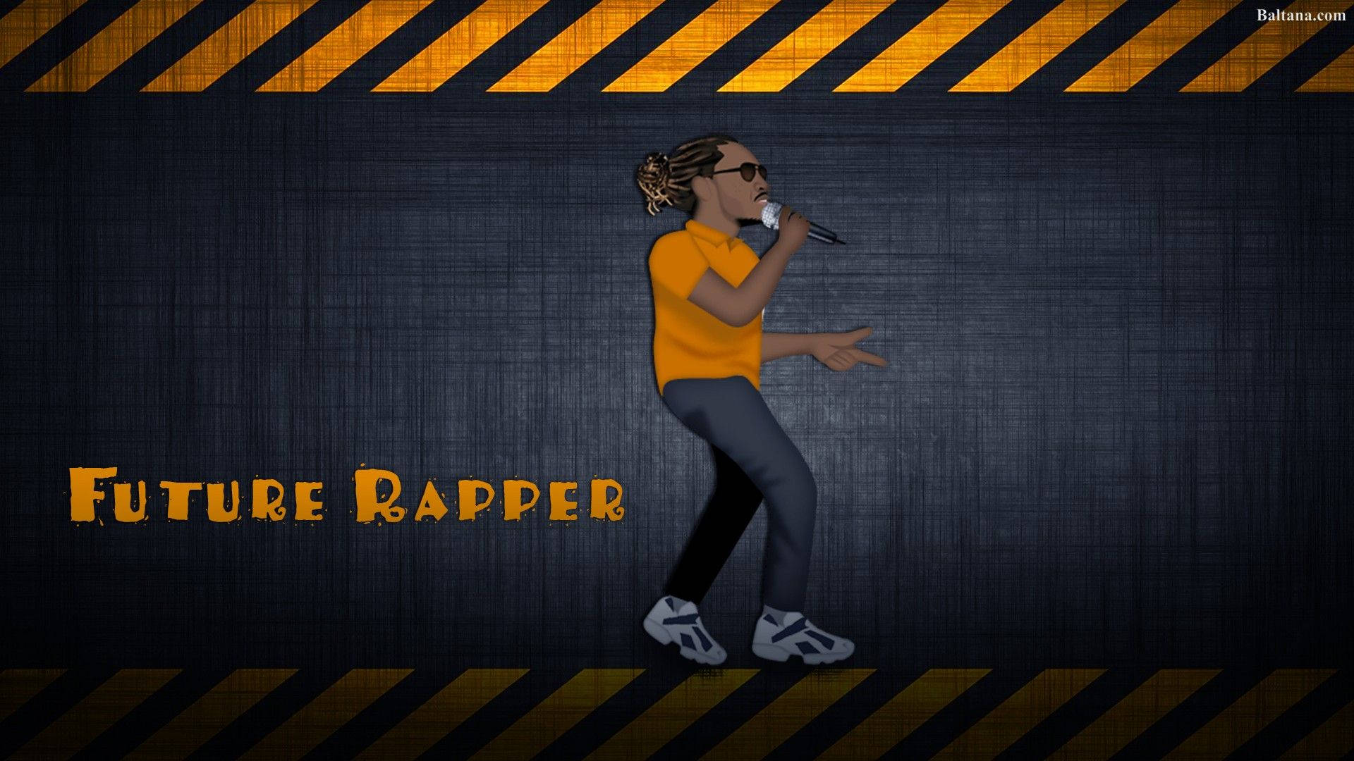 Future Rapper 桌布 壁紙 — 一位穿著橙色襯衫的風格化饒舌歌手，在由黃黑危險條紋框住的深色紋理牆壁前表演。