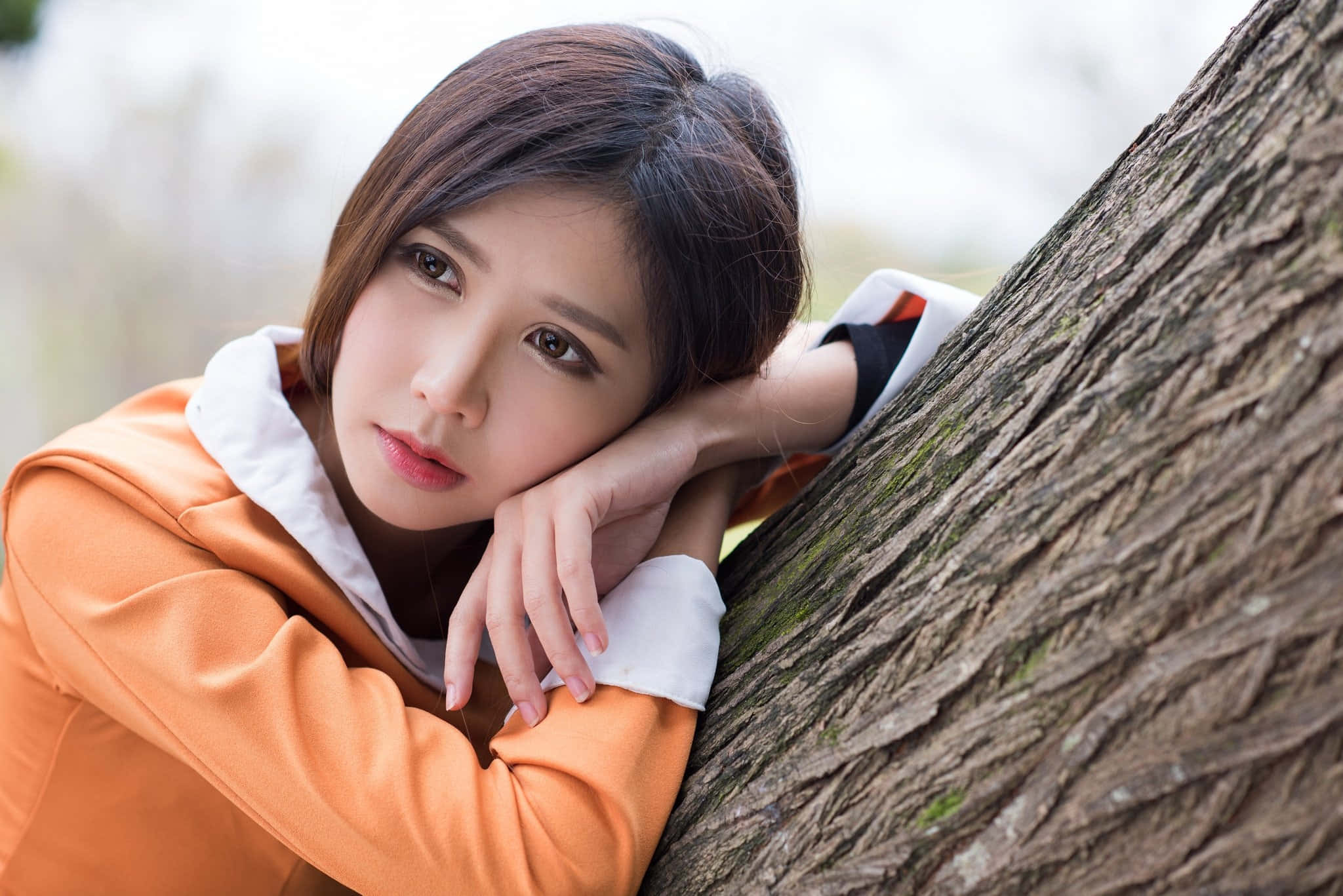 美女 桌布 壁紙 — 一位穿著橙色連帽衫的年輕女性，在柔和的戶外背景下，將頭靠在有紋理的樹幹上。