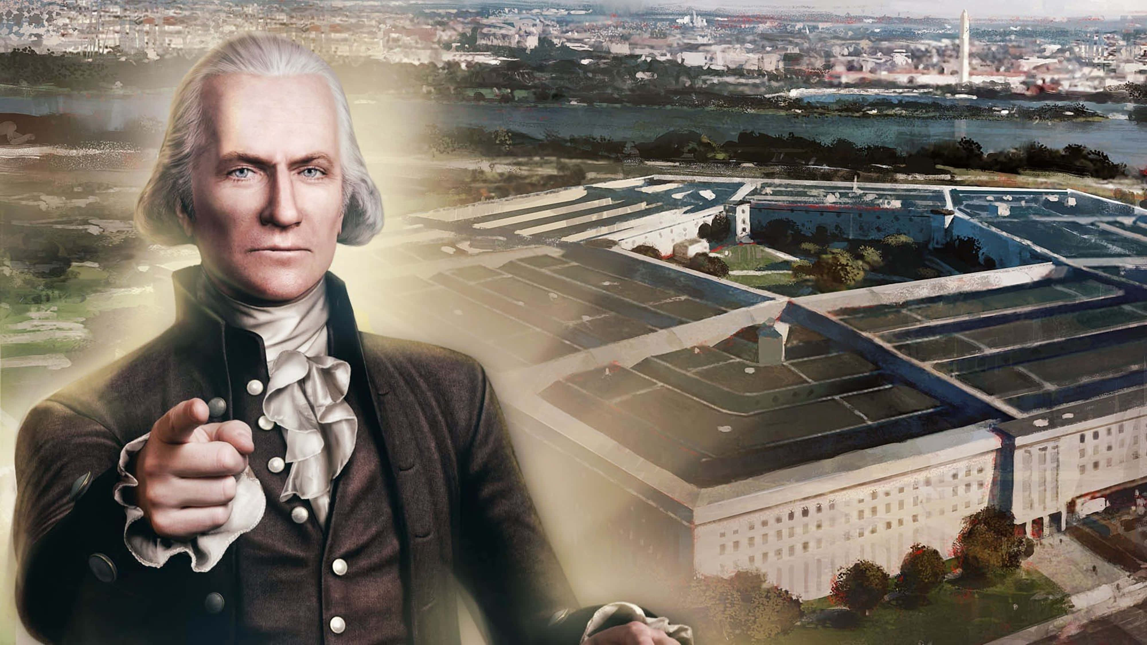 George Washington 桌布 壁紙 — 一位穿著殖民時期服裝的歷史人物，在五角大廈和遠處城市景觀的背景下向前指著。