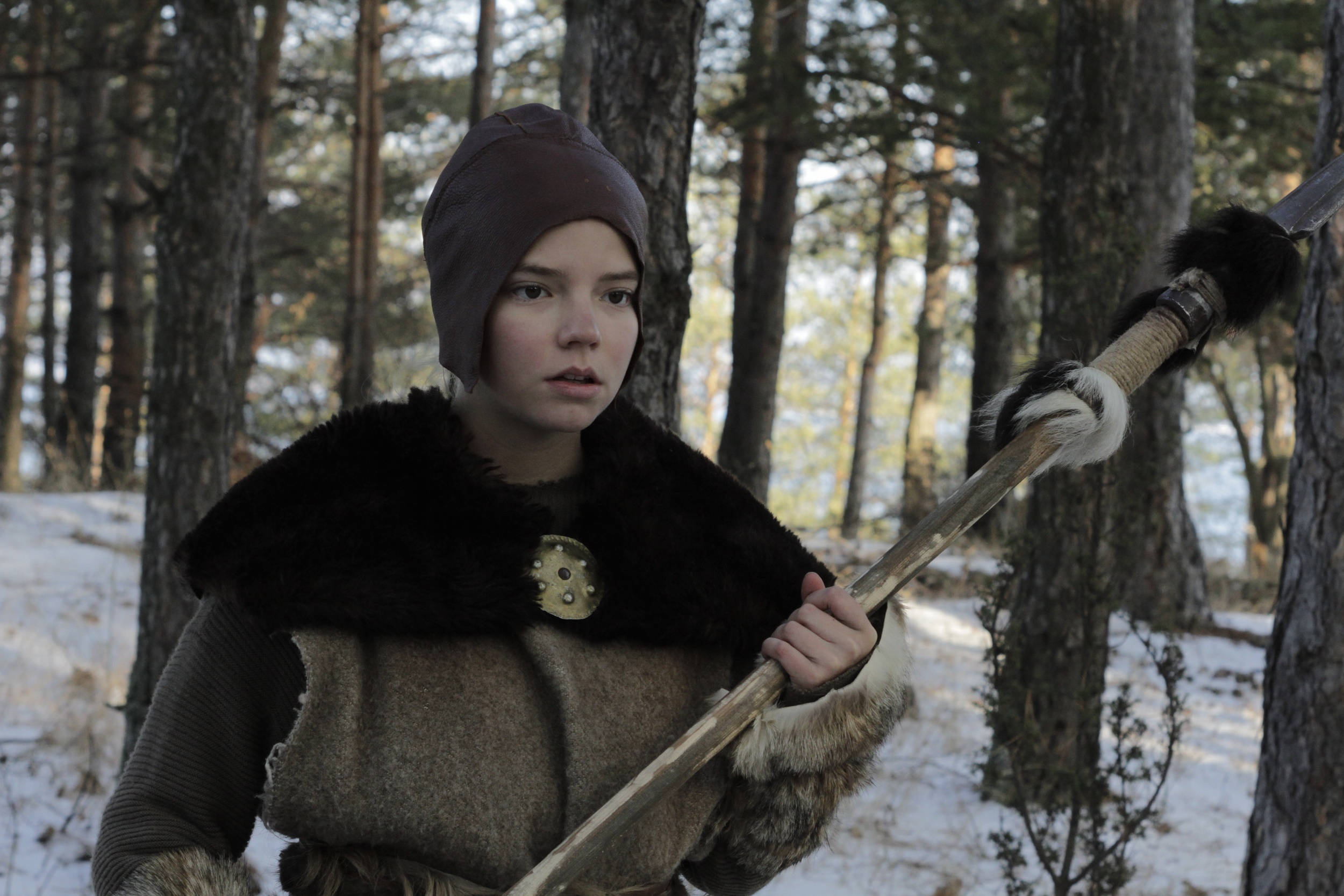 Anya 桌布 壁紙 — 一位穿著毛皮襯裡中世紀服裝的年輕人在雪松林中手持杖。