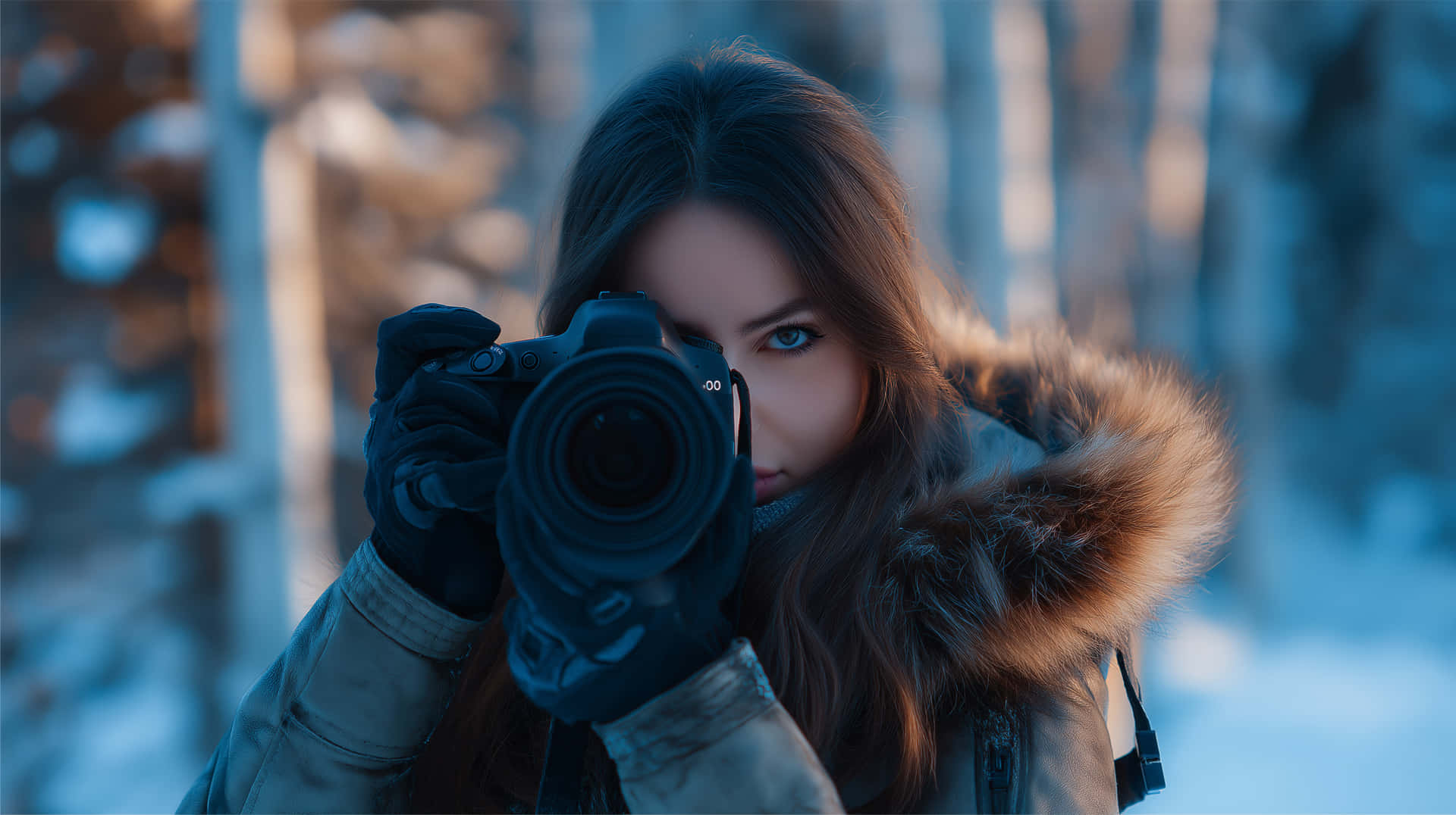 Female Photographer in Winter Gear with Camera Portrait Shot 壁紙 — 一位穿著毛領冬季外套的女性，在沐浴在柔和藍光中的雪地森林裡，將相機舉到眼前。