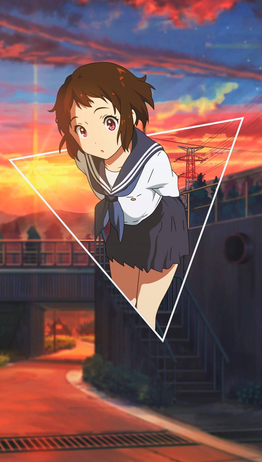 Aesthetic Anime Phone 桌布 壁紙 — 一位穿著水手服的年輕動漫女孩站在發光的三角形內，背景是城市鐵路場景上充滿活力的日落天空。