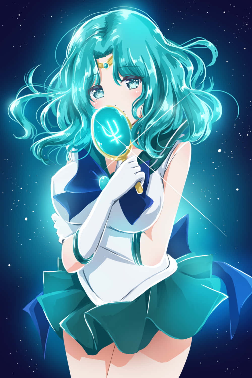 sailor neptune 桌布 壁紙 — 一位穿著水手服的青綠色頭髮動漫女孩，在星空下拿著發光的半月形粉盒。